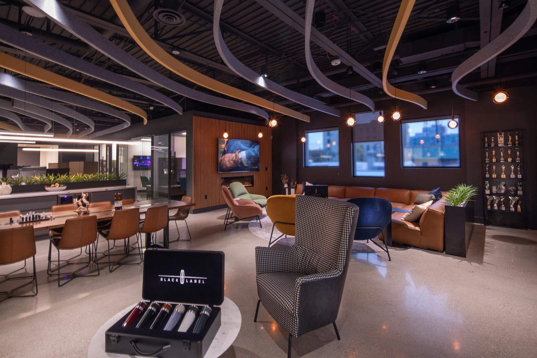 Hub 5, with lounge seating, shared tables and sculptural ceiling elements