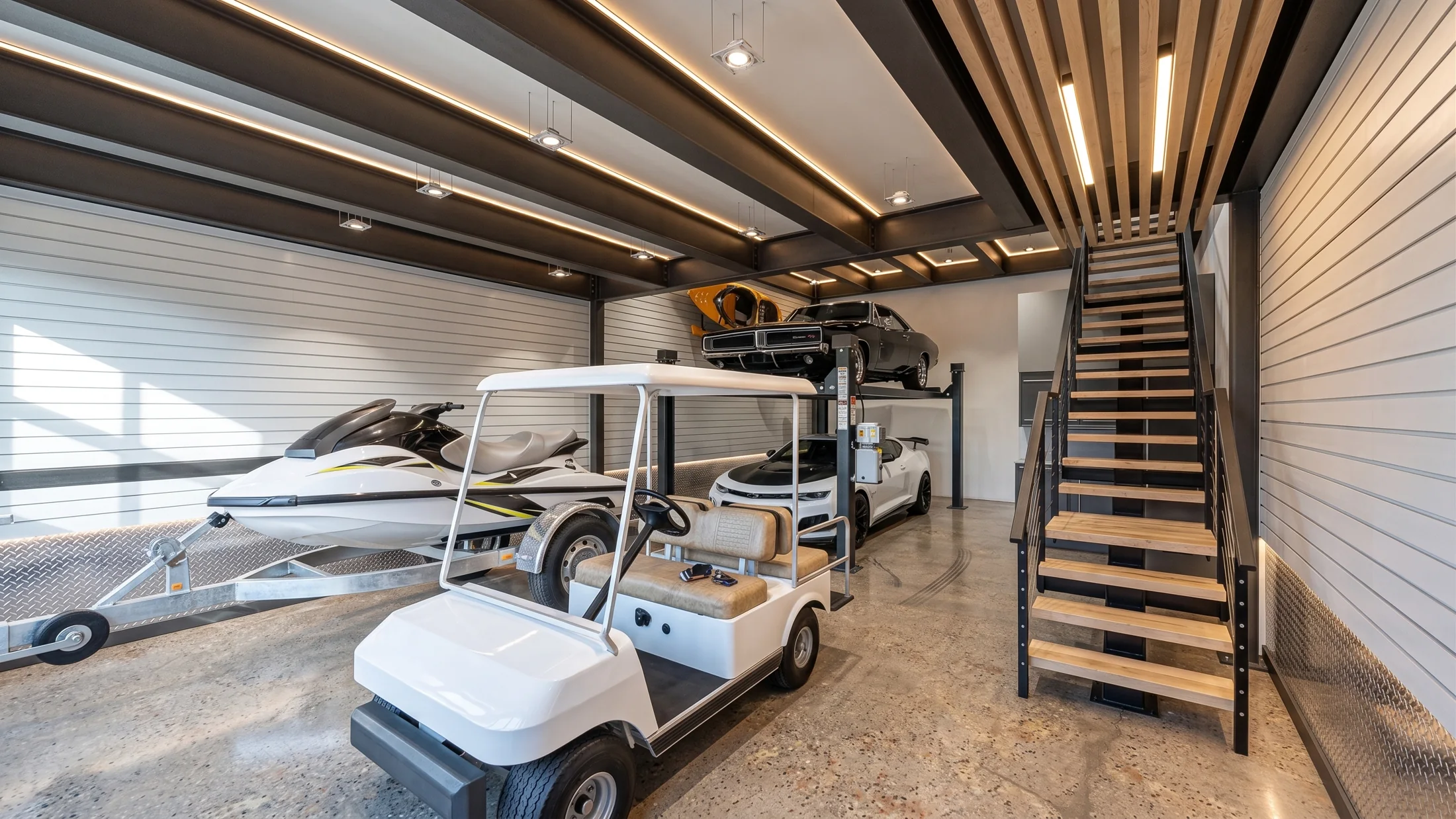 The Unit 1214 garage and stair, with boats and leisure vehicles below the mezzanine.