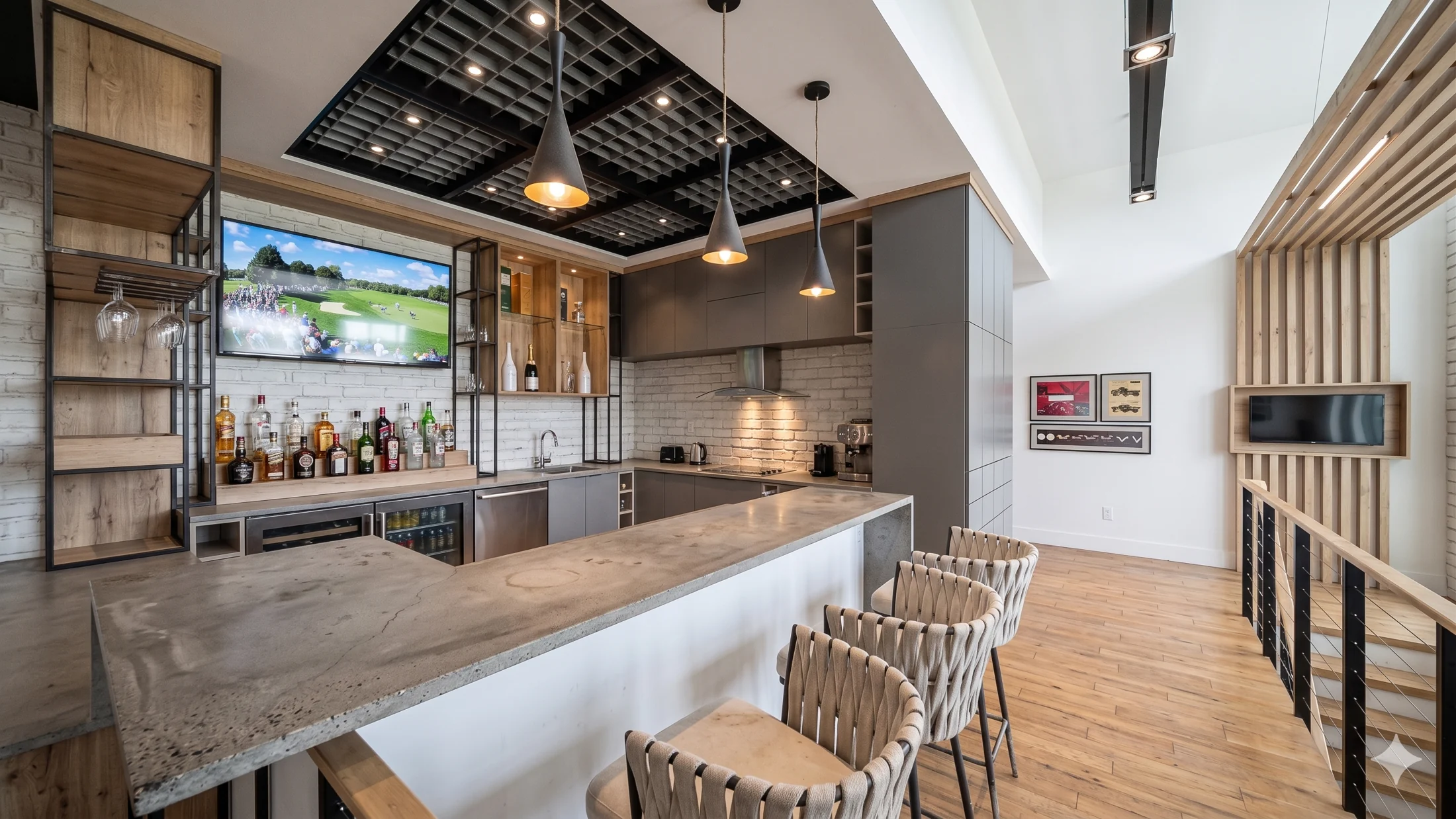 A long kitchen island and timber ceiling details in the Unit 1214 concept.