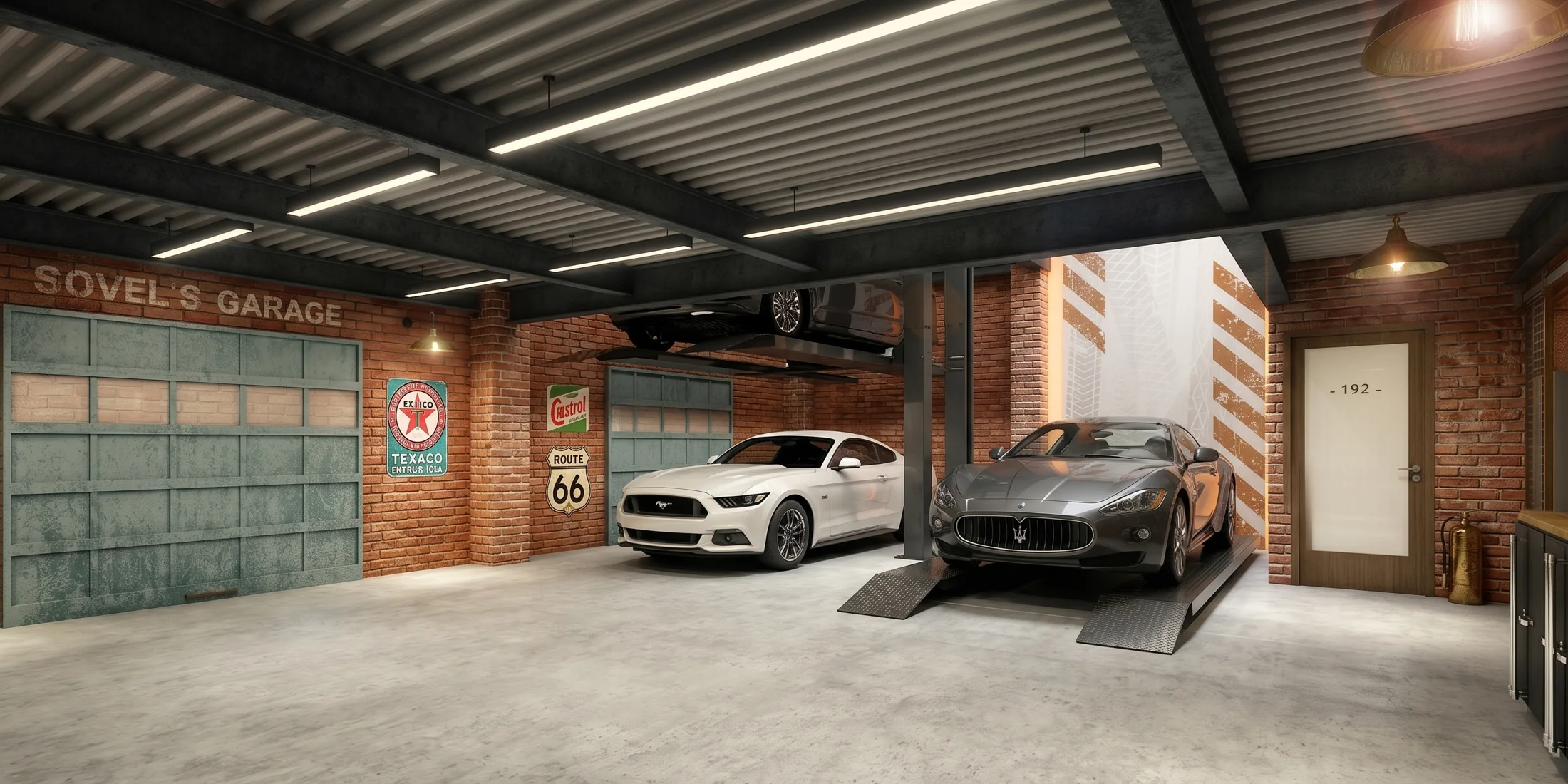 The Unit 192 vehicle bay, with warm brick and industrial detailing.