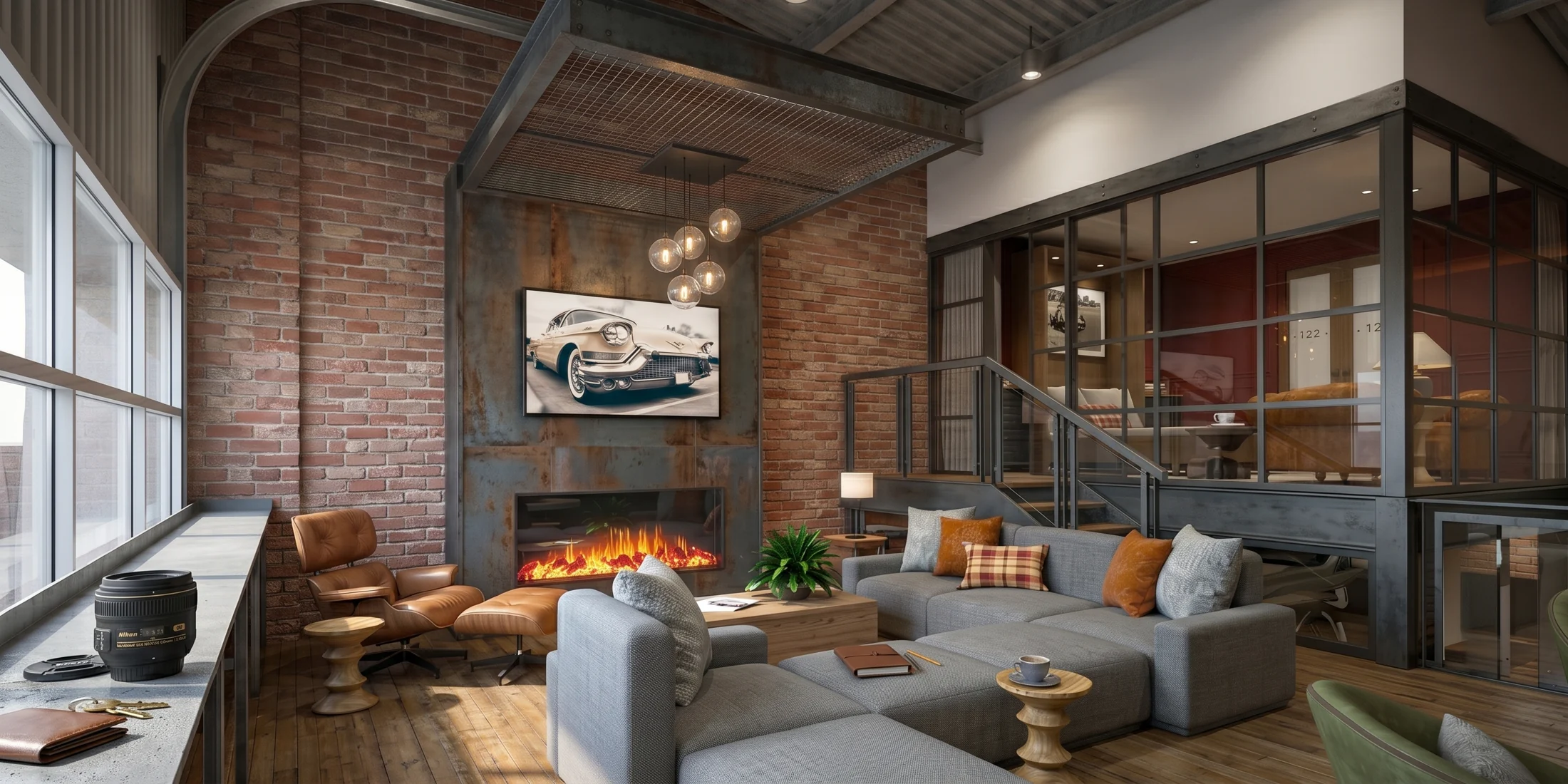 Unit 192 warehouse-inspired lounge with brick, steel and a fireplace.