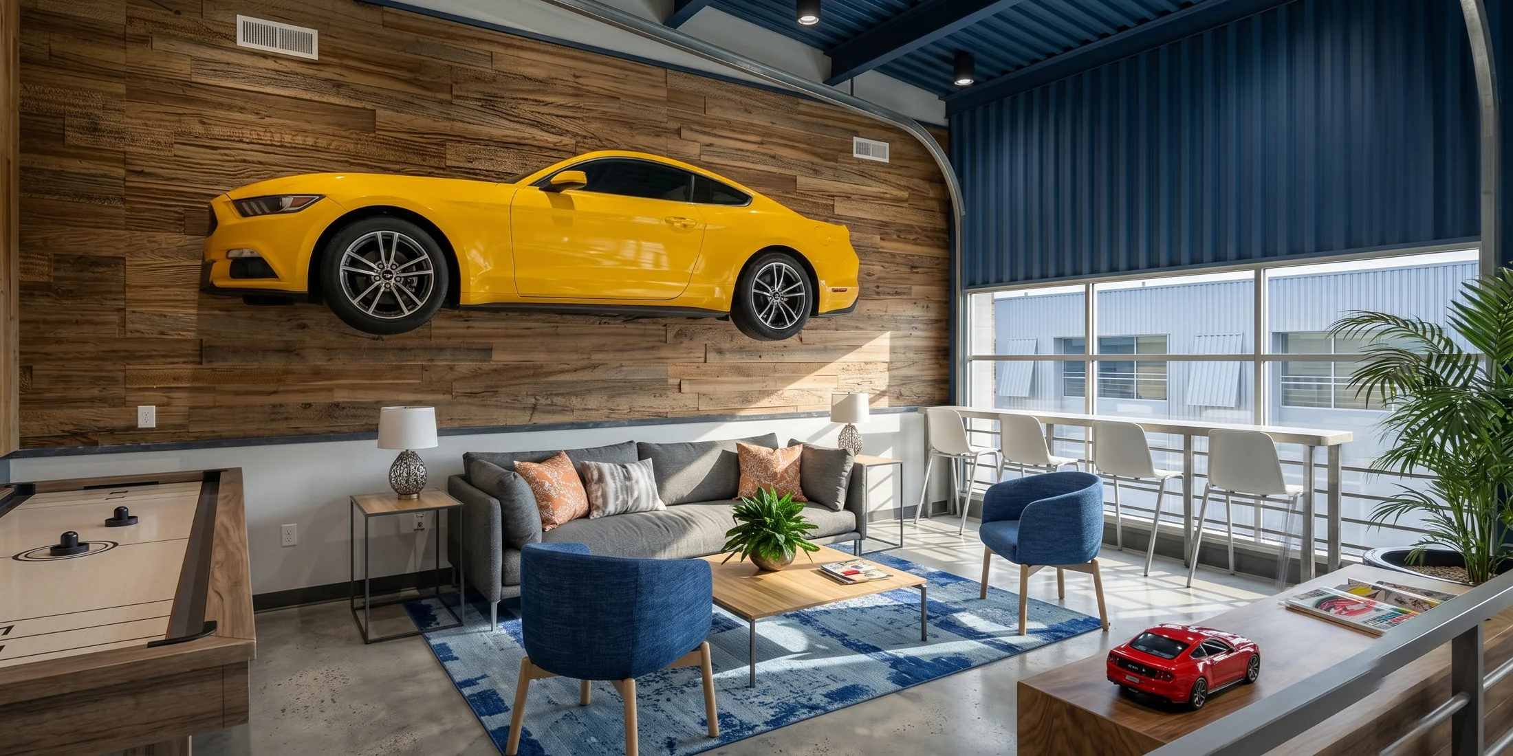 Unit 222 lounge with a yellow Mustang mounted above the seating area.