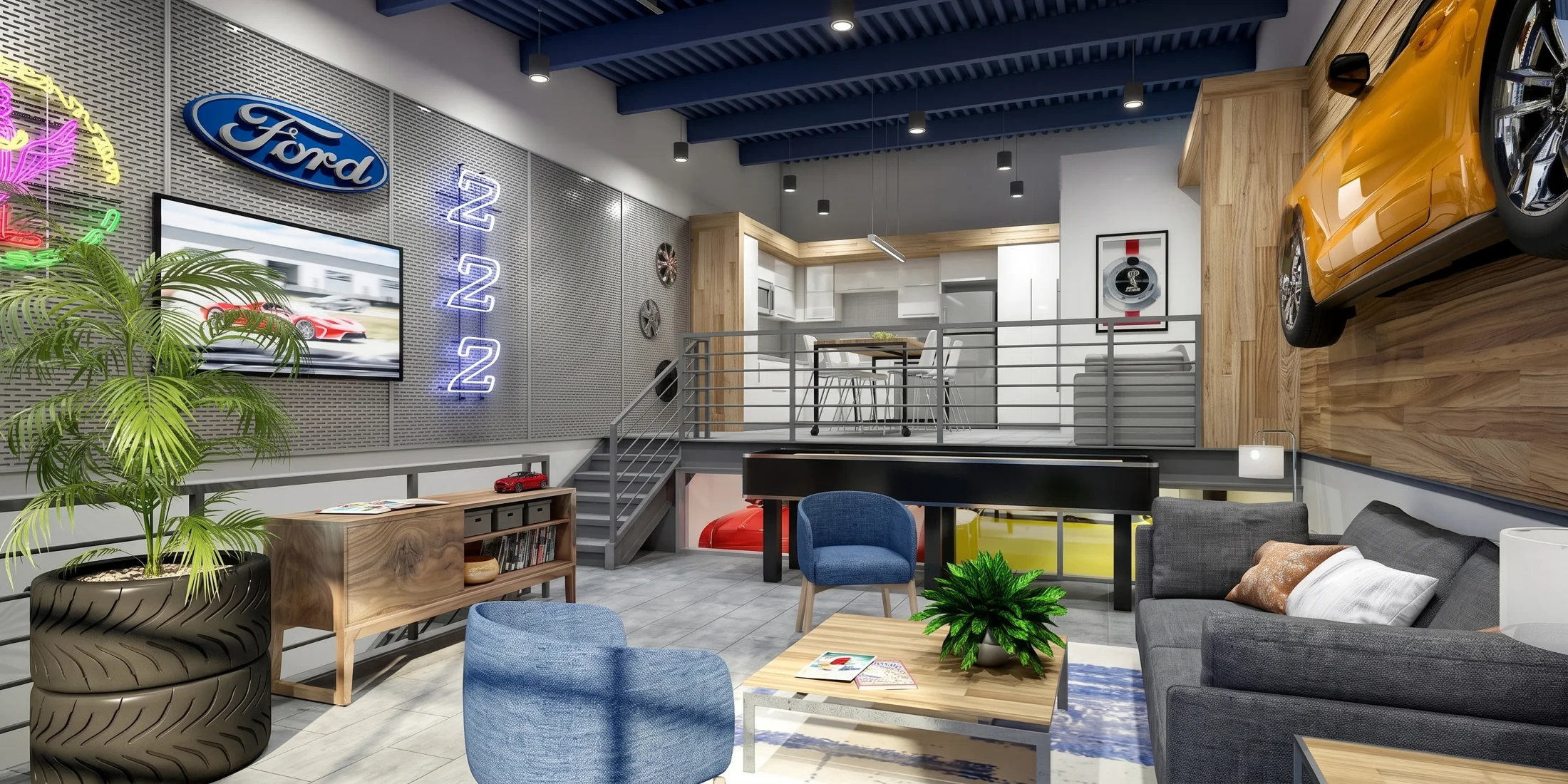 The double-height lounge and vehicle display in the Unit 222 design concept.