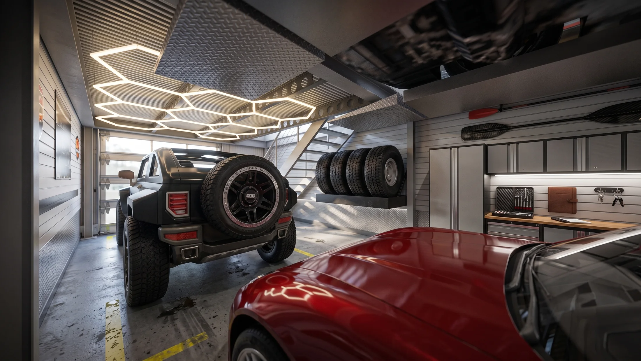 Vehicle storage beneath geometric lighting at Unit 230.