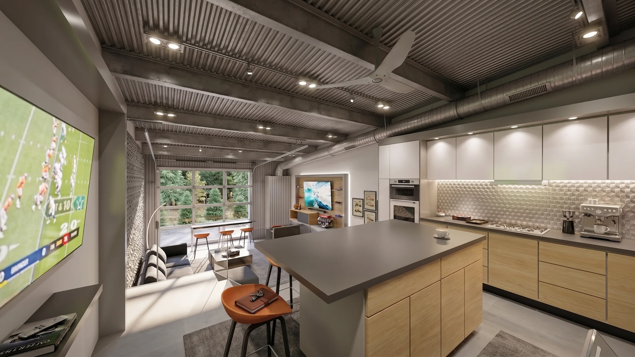 The Unit 230 kitchen opens to a lounge above the cars.