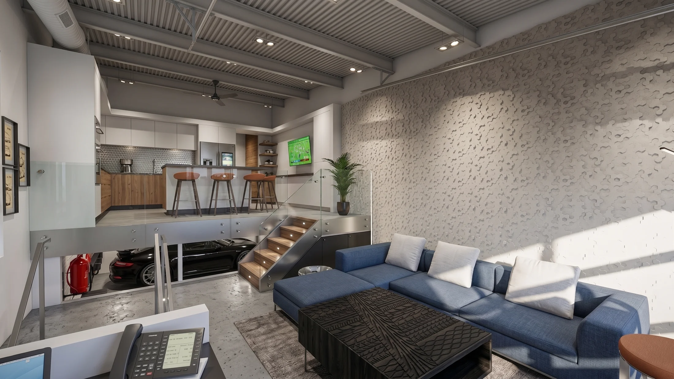 Unit 230 light-filled mezzanine lounge overlooking the garage.