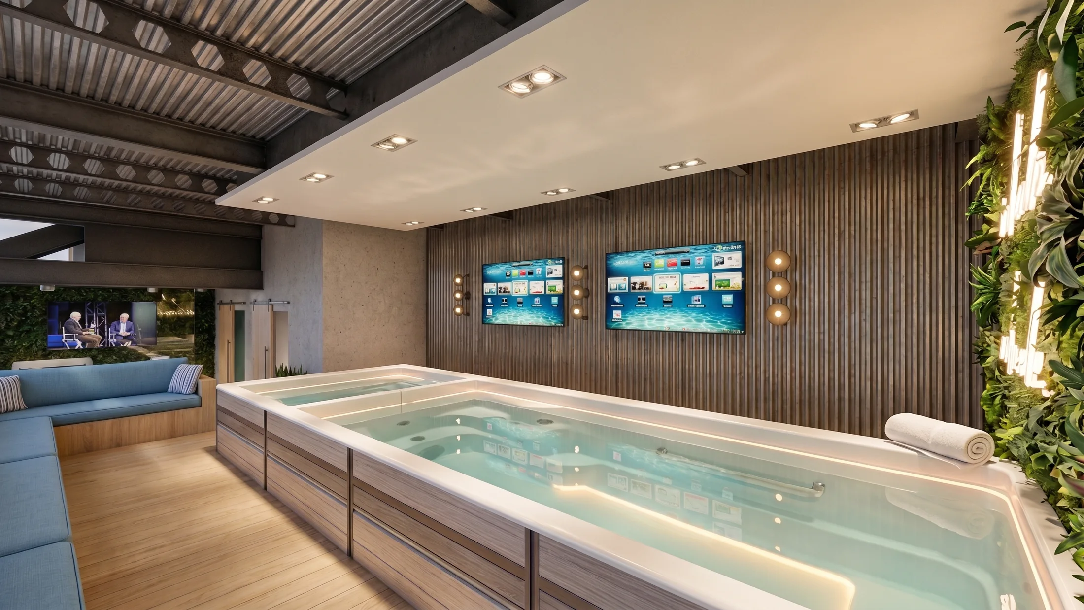 Units 243–245 wellness concept with an indoor plunge pool, timber finishes and planting.