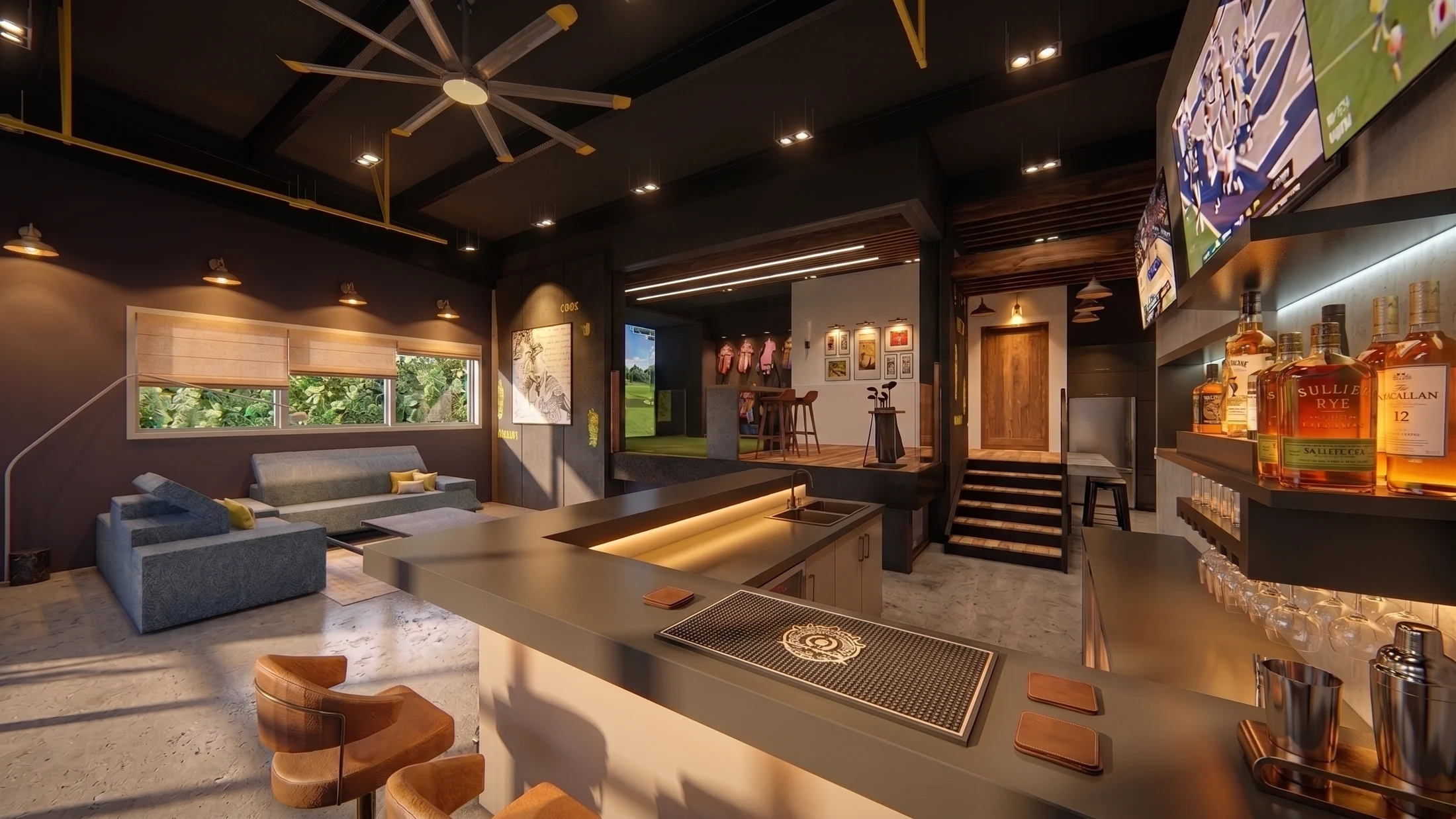 Unit 277 lounge with a bar, golf simulator and entertainment area.