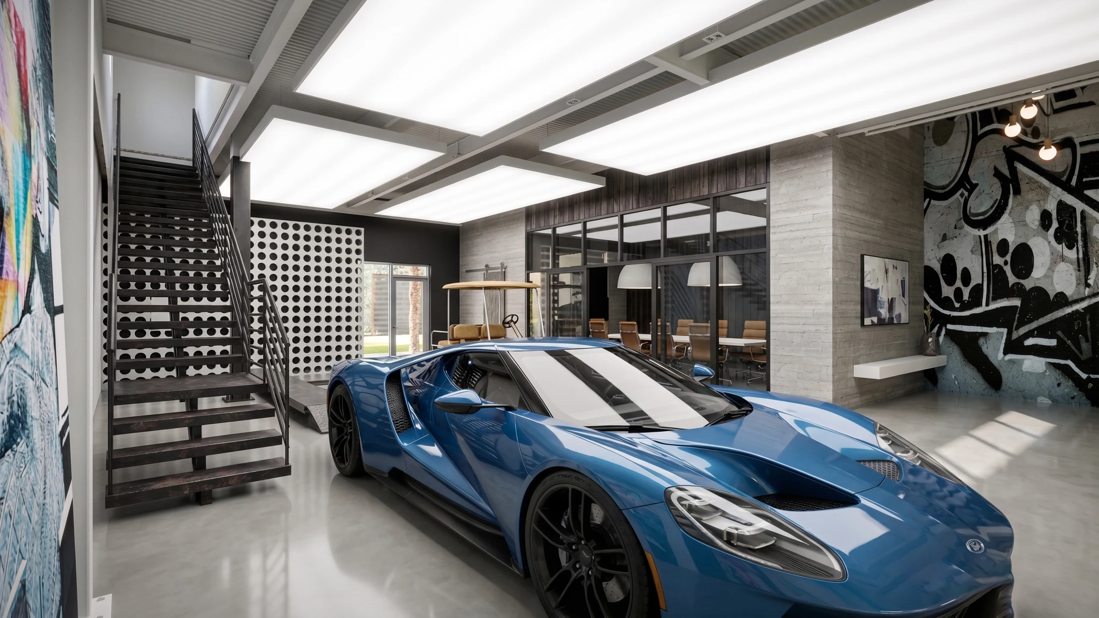 A blue Ford GT displayed under skylights at Unit 705.