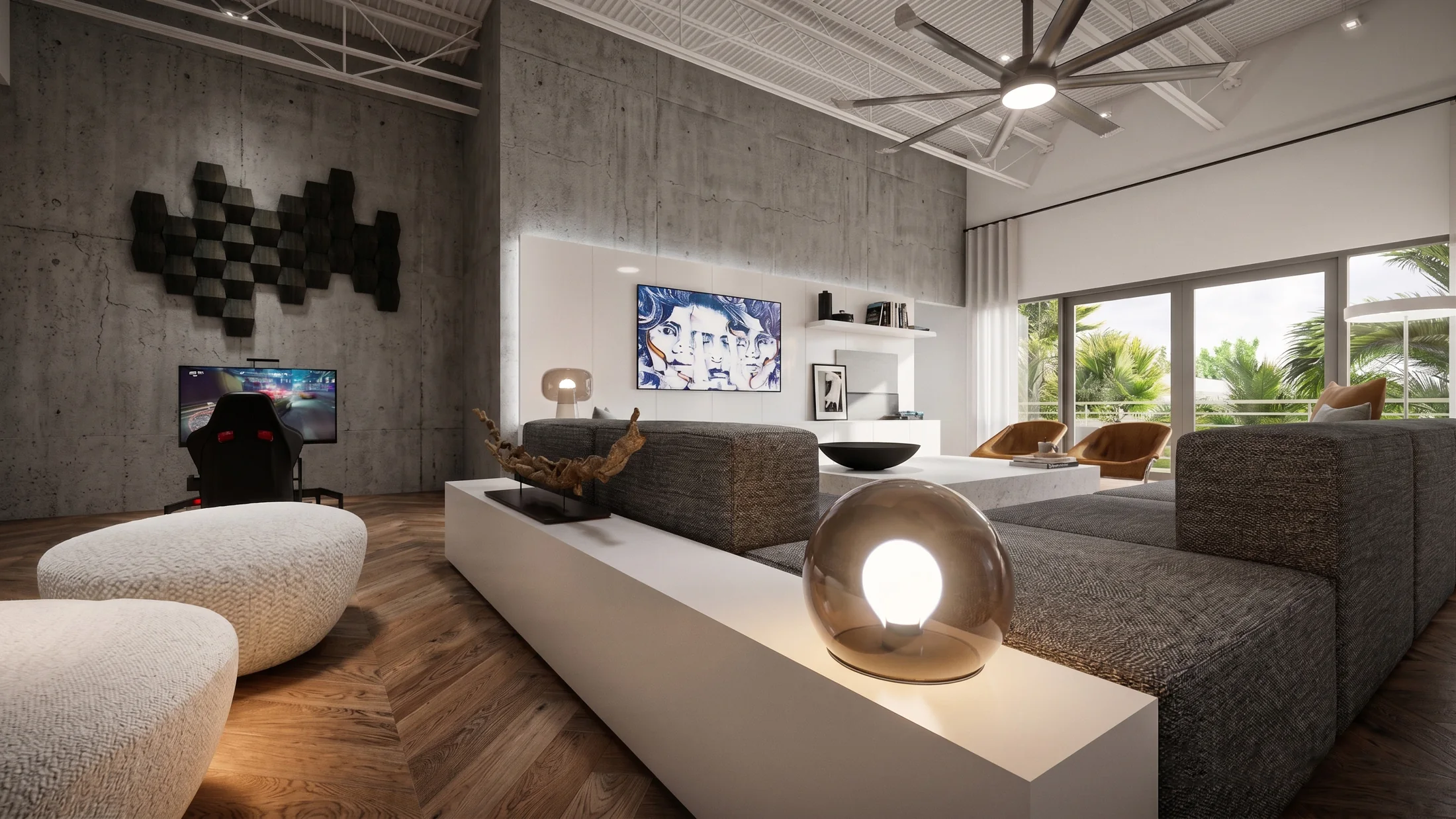 Unit 705 lounge with a curved sofa and warm sculptural lighting.