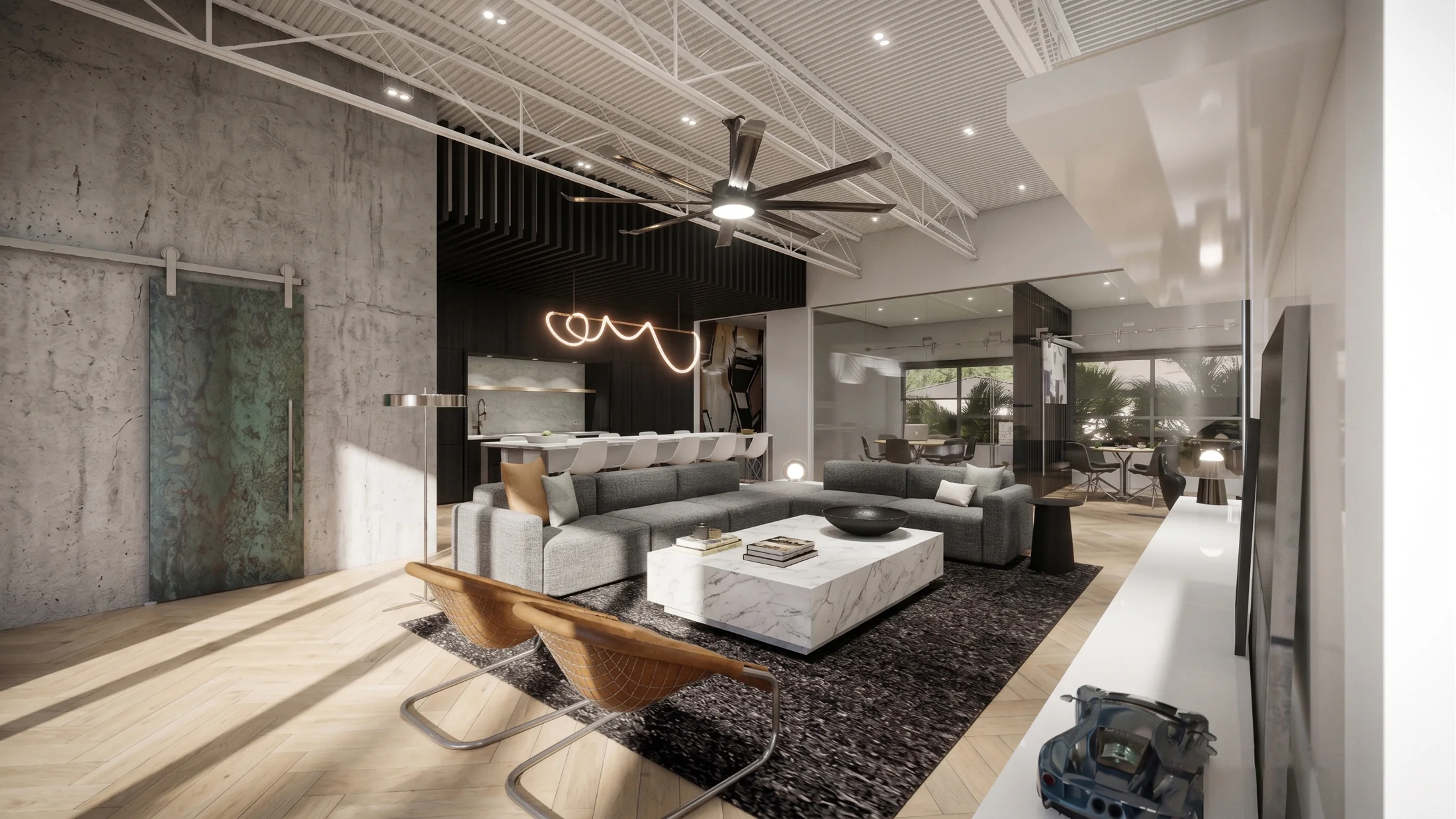 Unit 705 upstairs kitchen and lounge, with sculptural lighting and bright, industrial finishes.