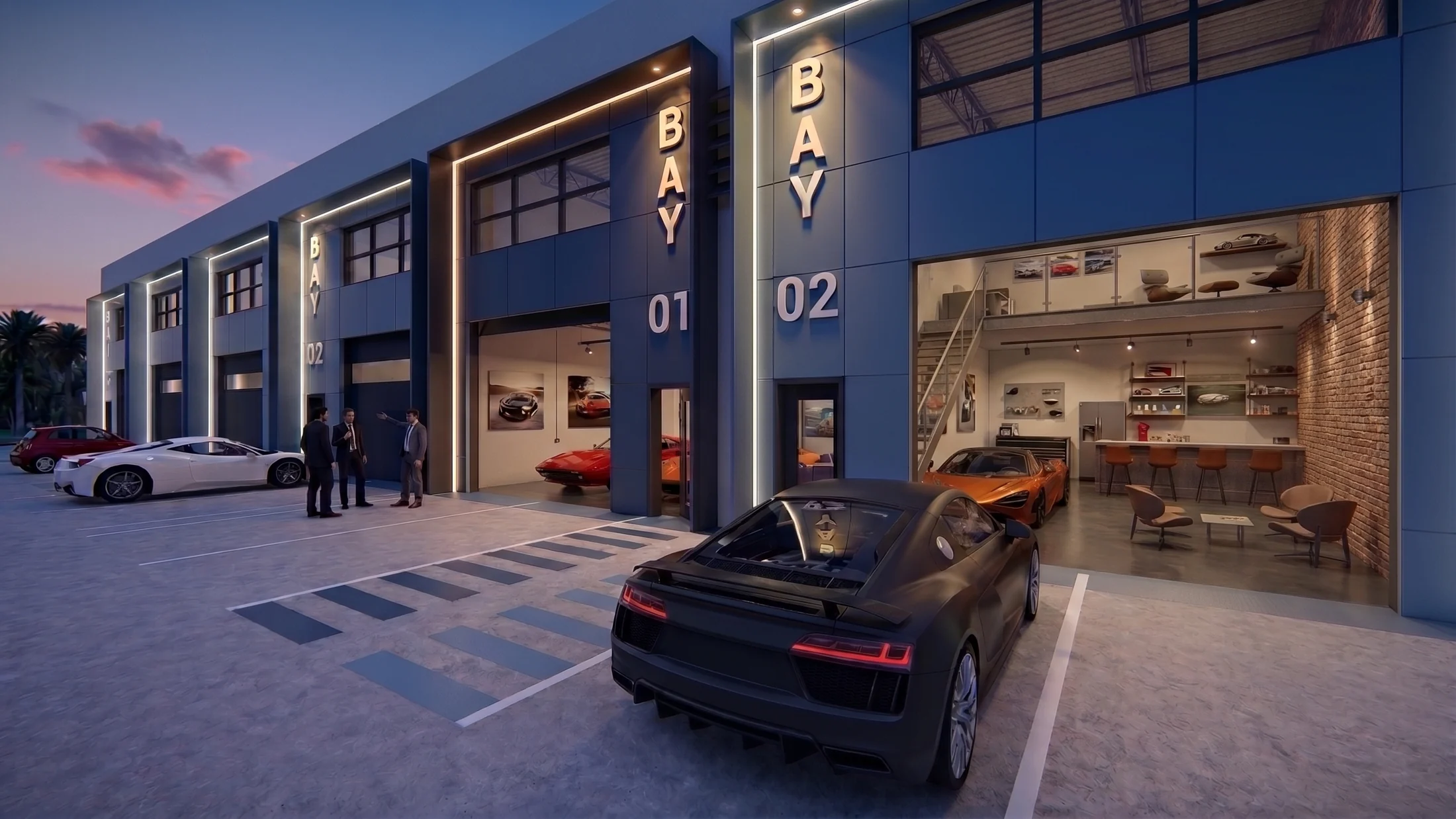 Bonita Speed conceptual automotive enclave, with private garage bays around a shared street.
