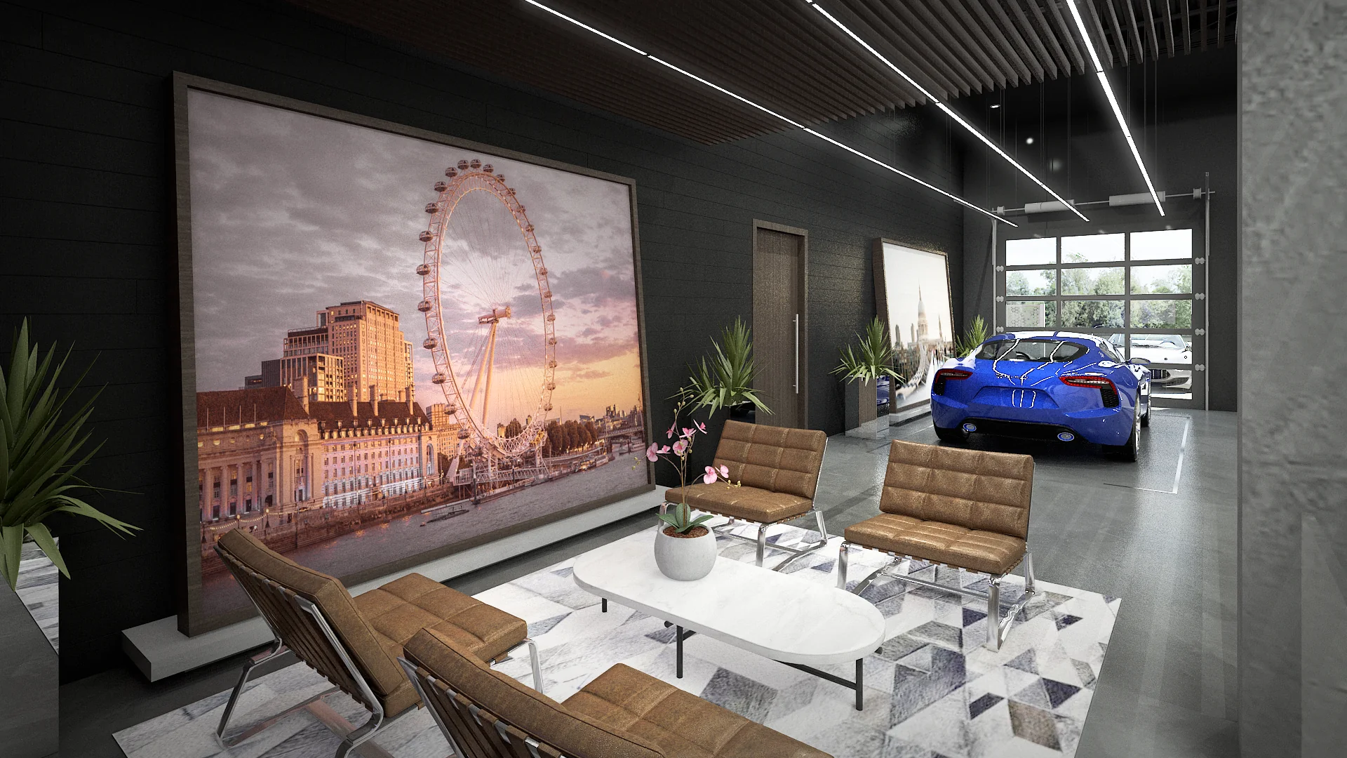 A lounge and artwork among the vehicles in The Collection concept.