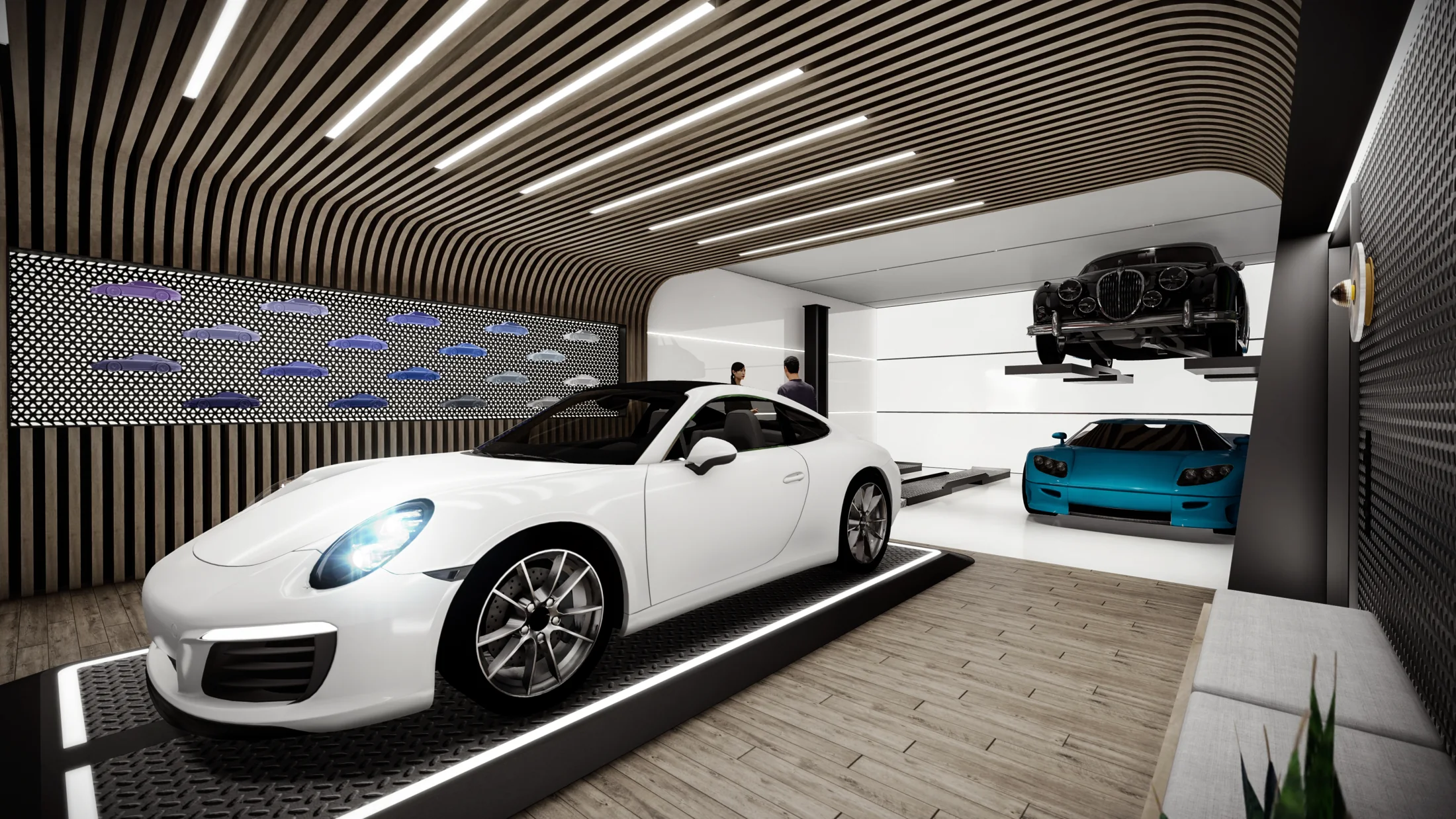 Curved wood slats and lighting above the vehicle collection in The Huxley garage concept.