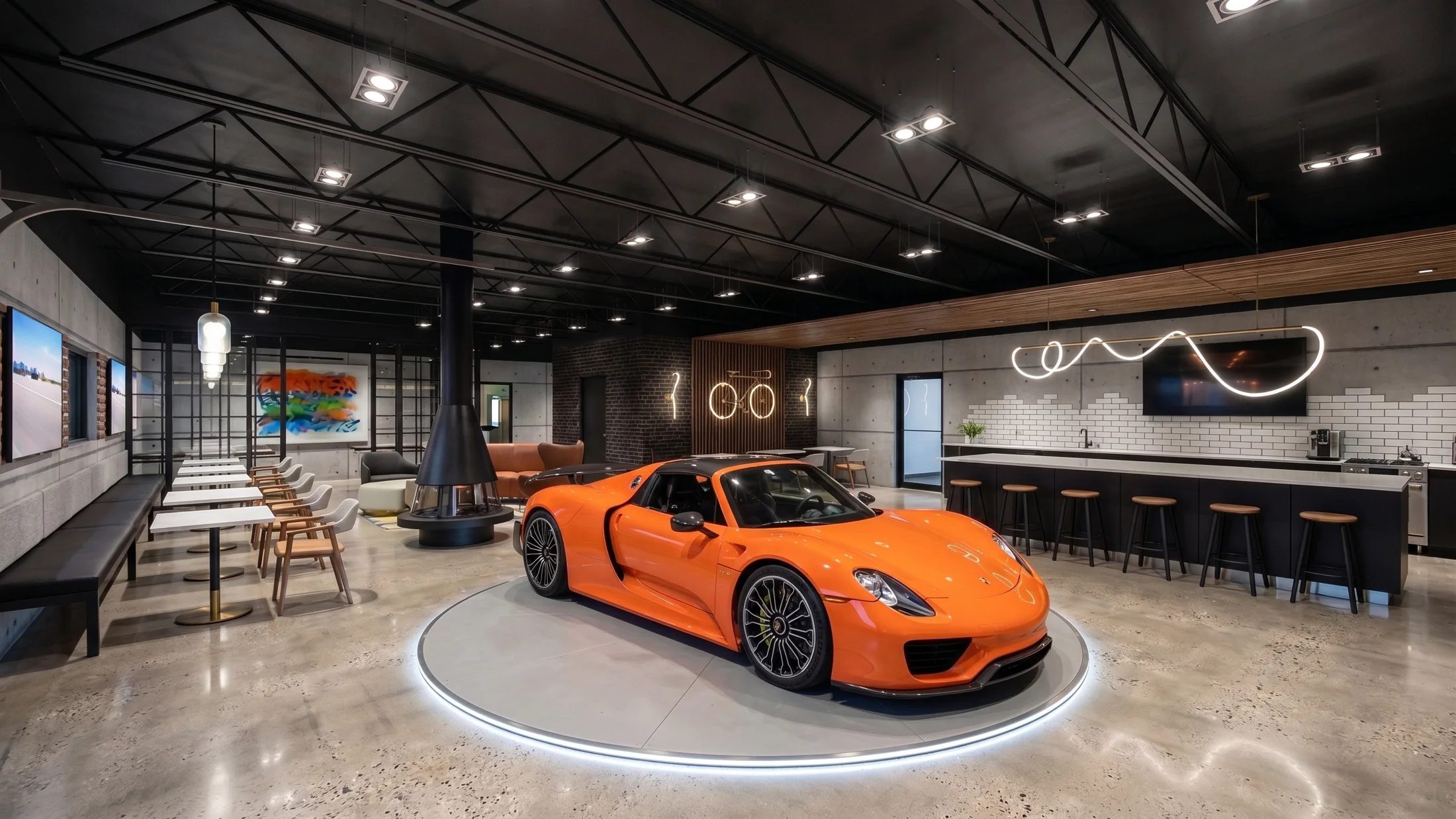 Out of Office Garage concept with an orange sports car, black steel trusses and a long bar.
