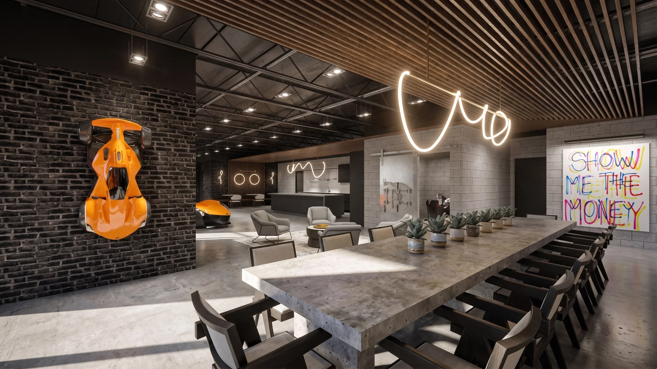A long dining table and bar in the Out of Office Garage concept.