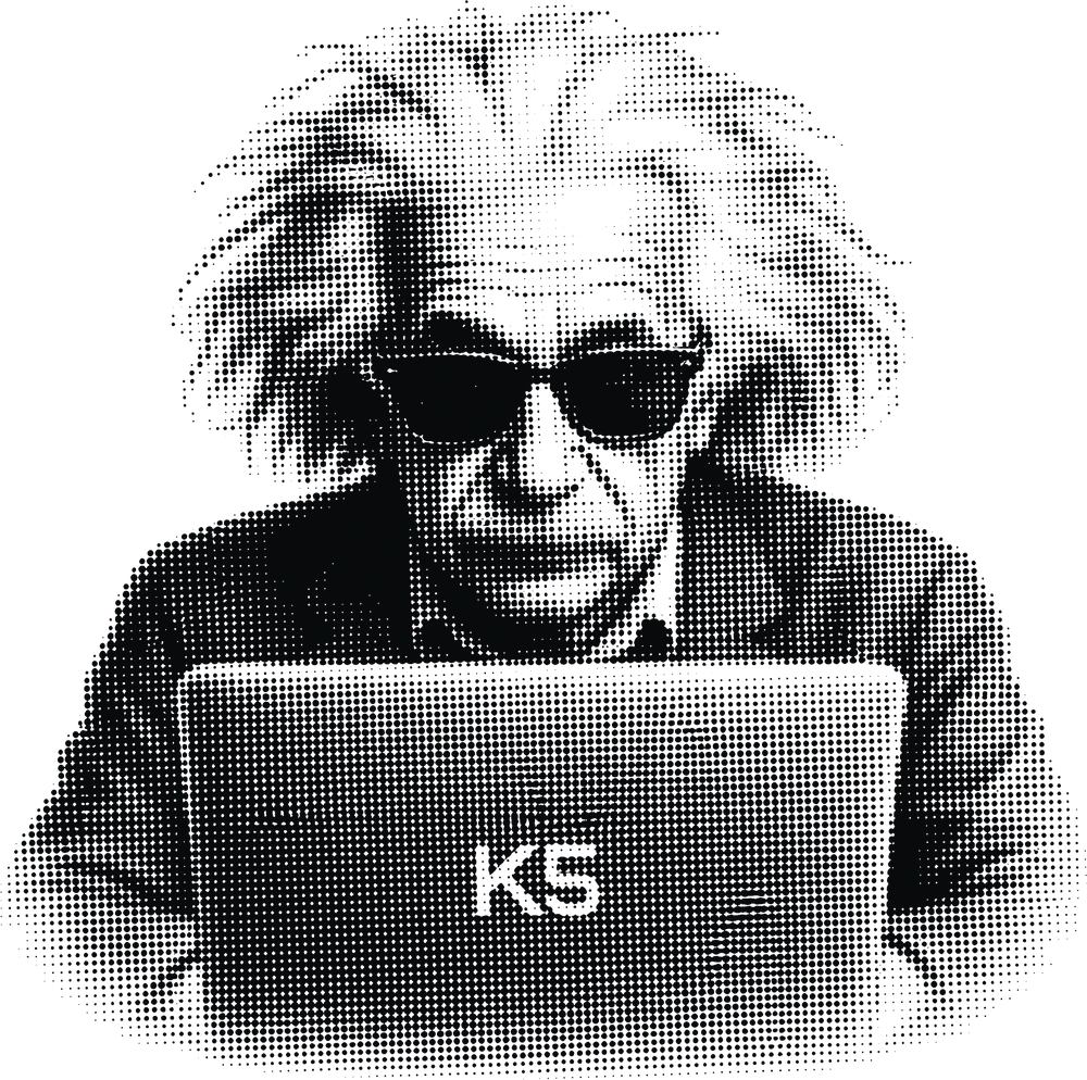 K5’s Einstein character working on a laptop