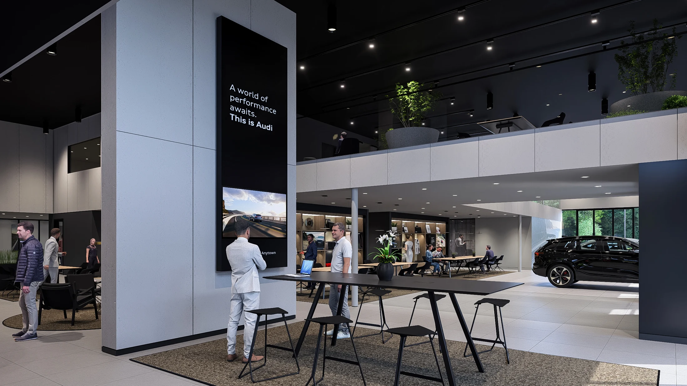 Audi Nexus interior visualization: a two-level showroom with vehicles, material displays and customer gathering spaces
