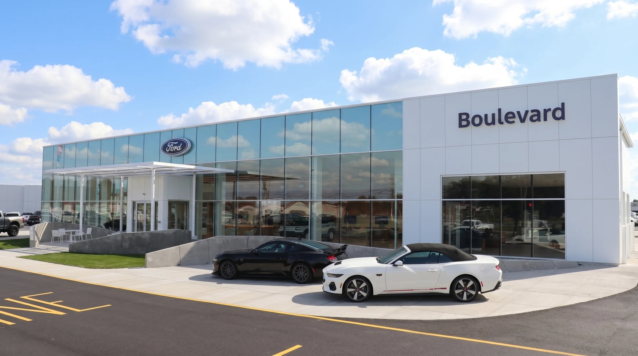 Boulevard Ford in daylight, with a glazed showroom, Ford badge and vehicles at the entry