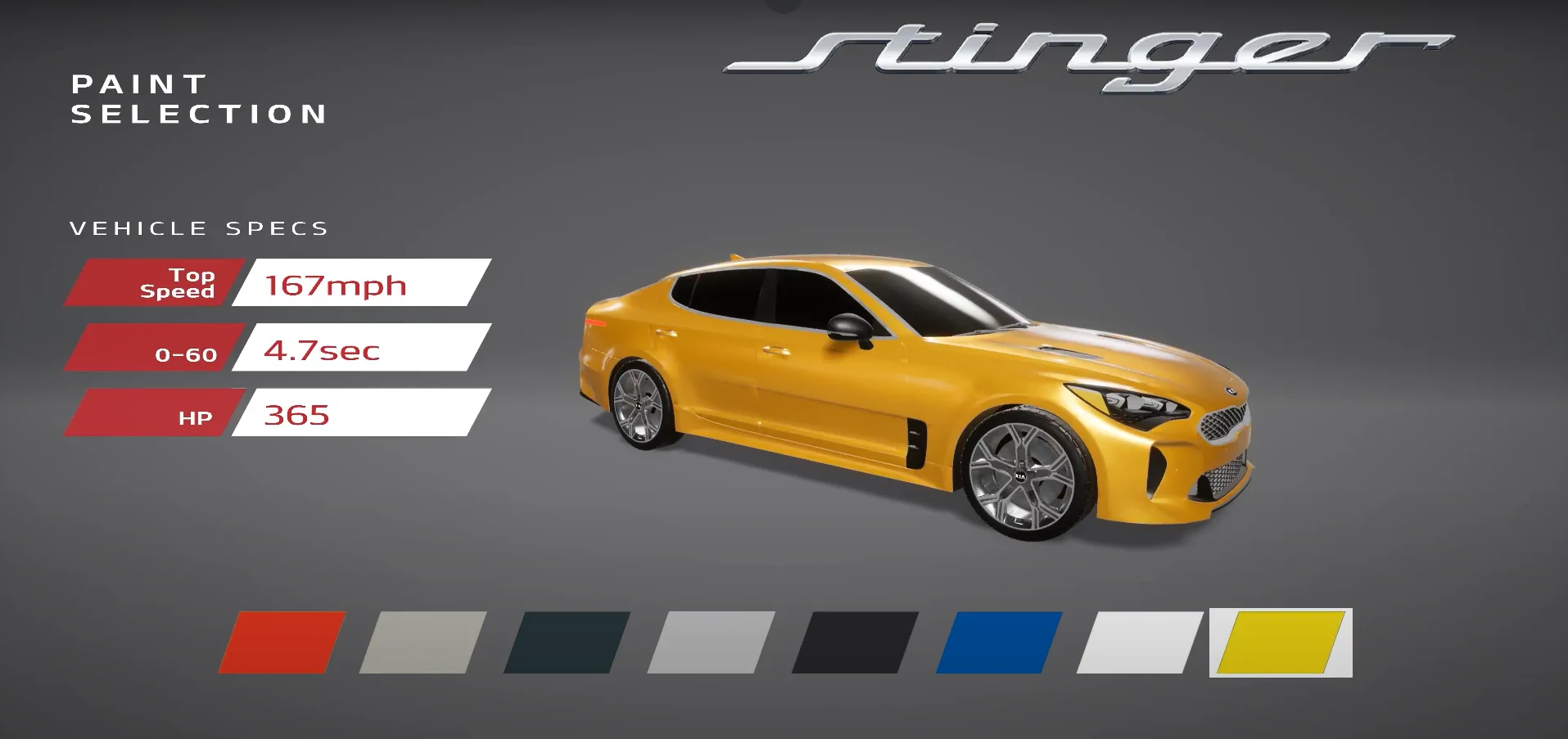 Kia Stinger racing game with selectable paint finishes and vehicle specifications