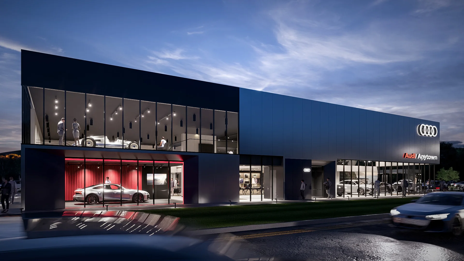 Audi of America / K5 US-market prototype visualization establishes a clear presence from the street.