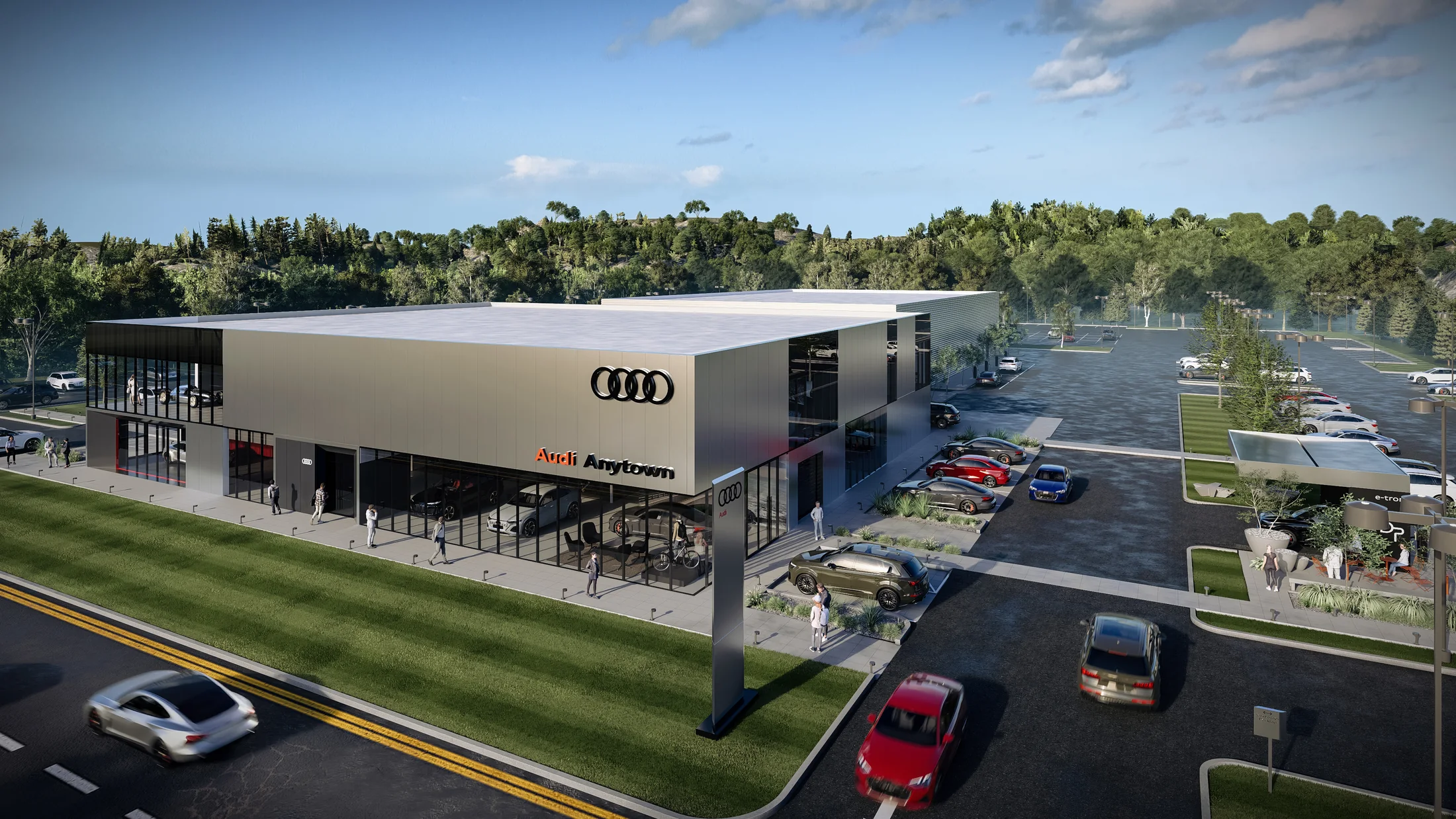 Prototype visualization / The aerial study connects vehicle display, access and the dealer site.