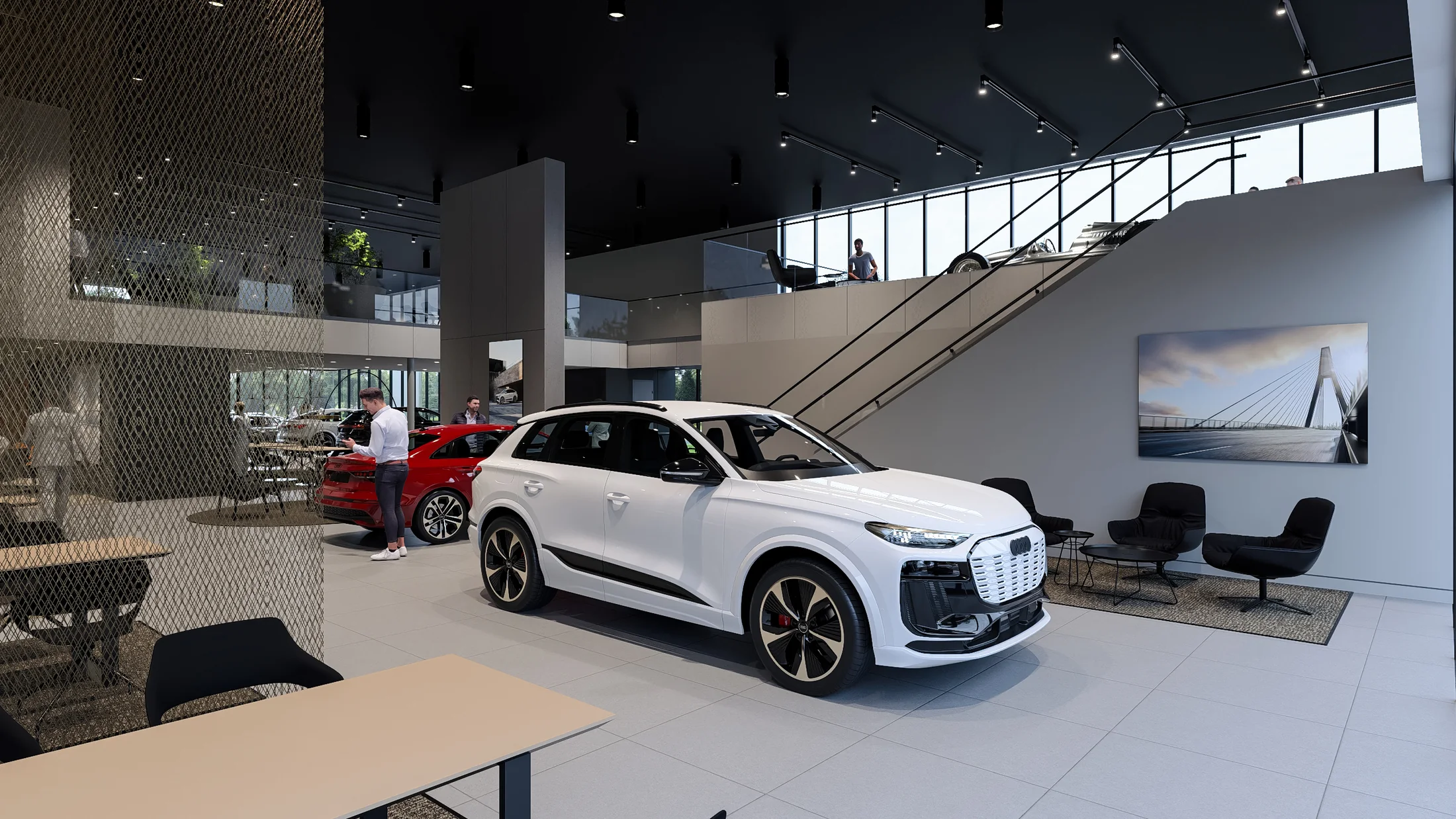 Interior visualization / Vehicle presentation and lounge settings remain connected across the showroom.
