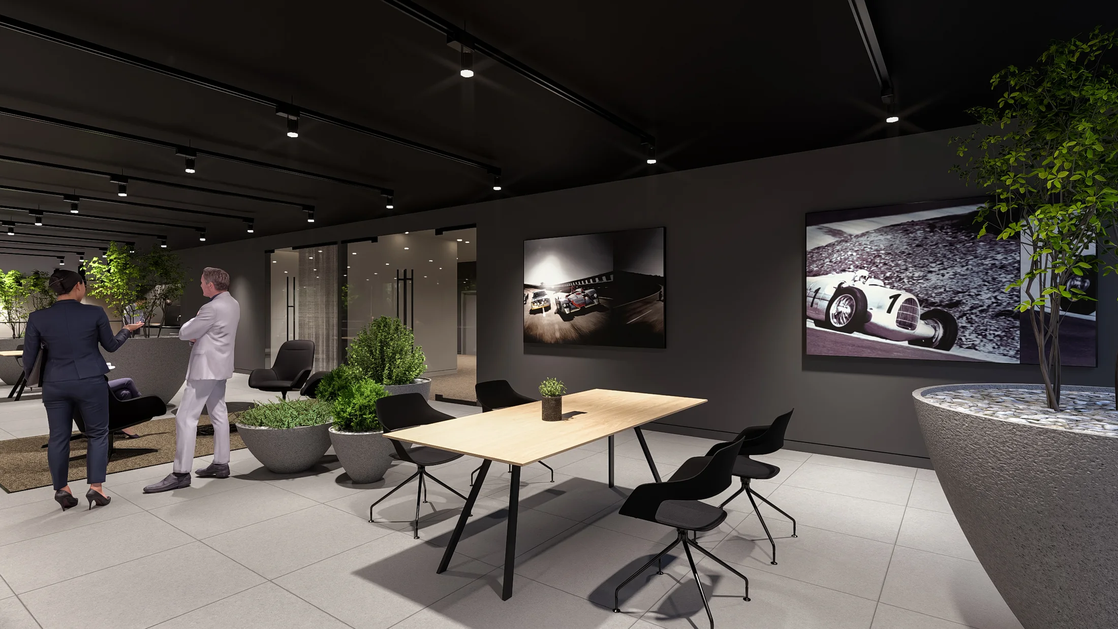 Interior visualization / Planting and soft seating bring a more personal scale to the dealership.