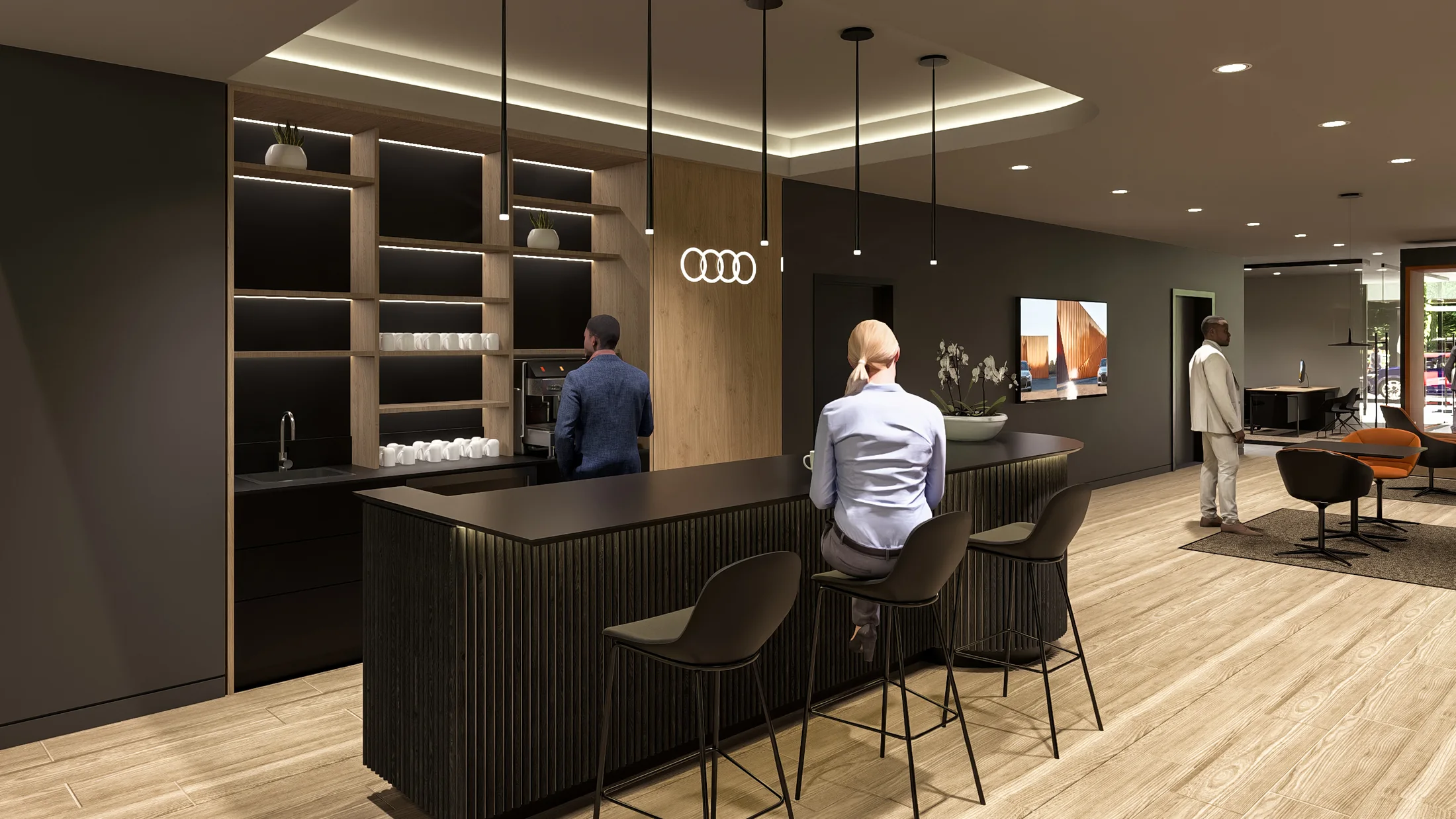 Interior visualization / The hospitality bar sits within the customer-facing showroom.