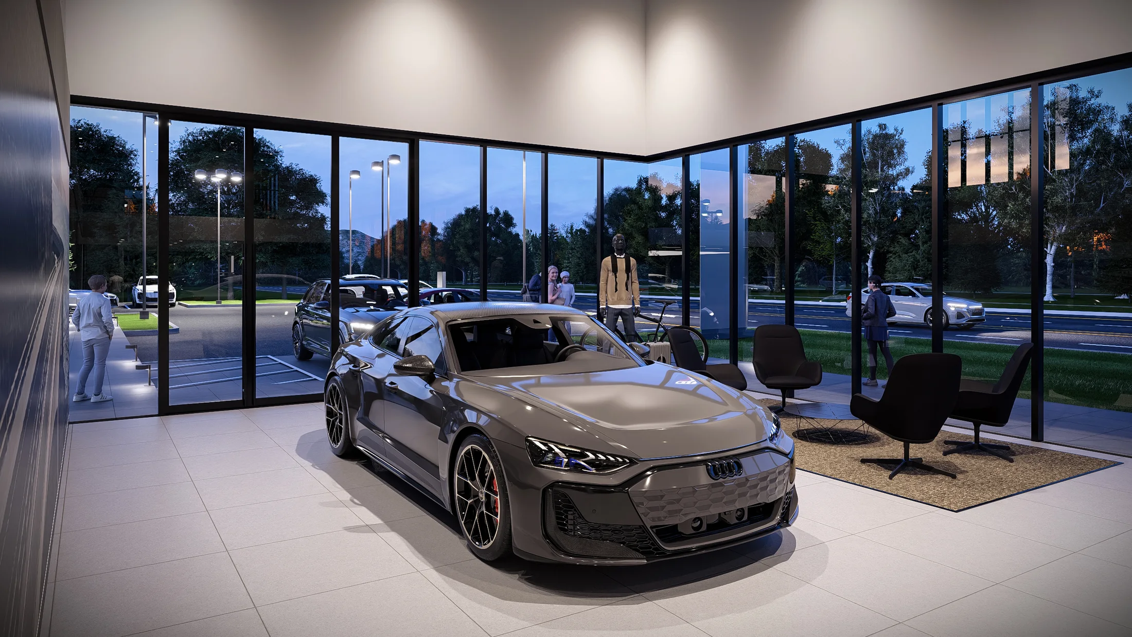 Interior visualization / Daylight and glazing frame the vehicle display.