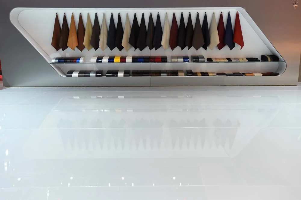 Paint samples create a precise rhythm within the display.