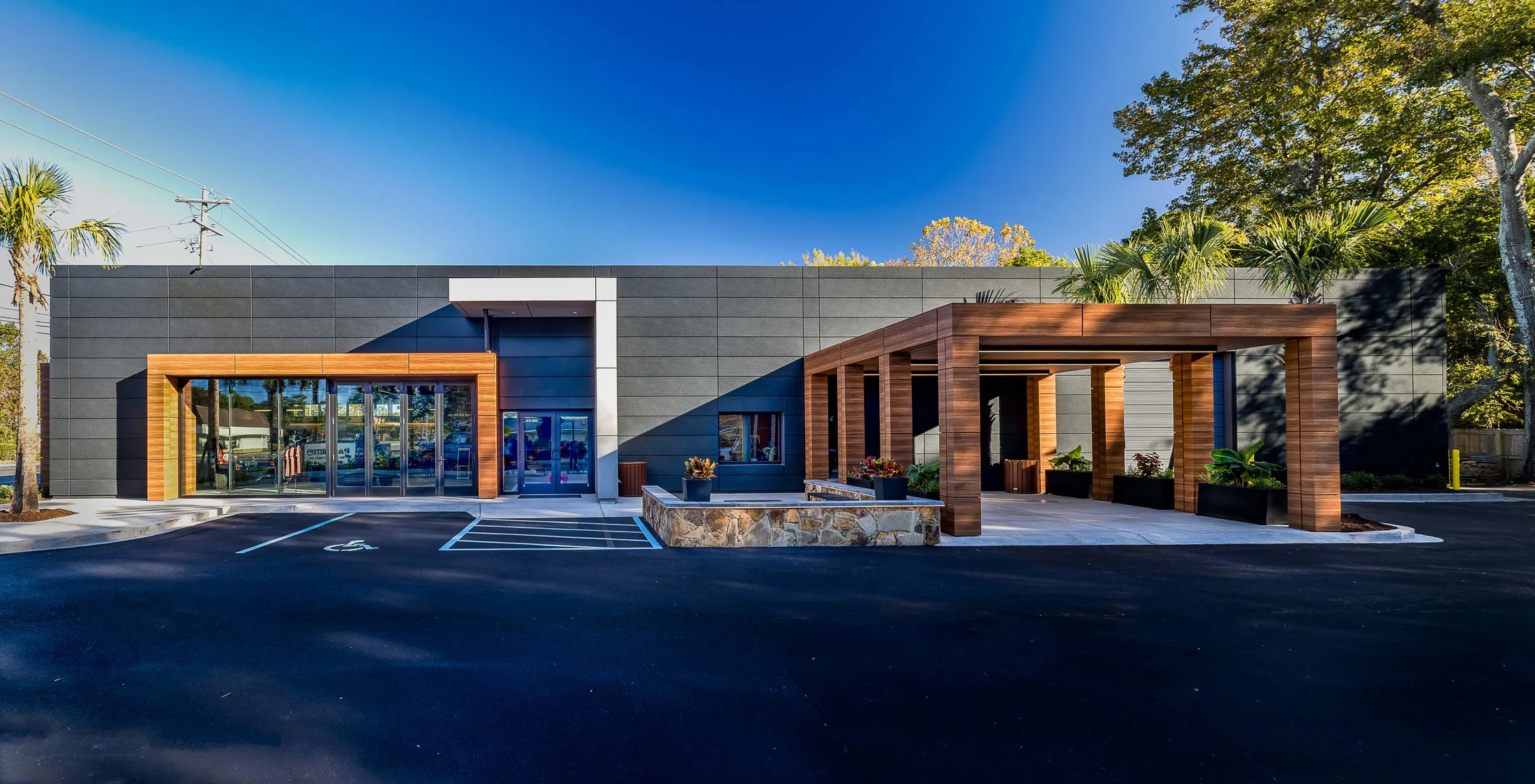 The Bronco facility connects the brand identity with a welcoming outdoor porch.