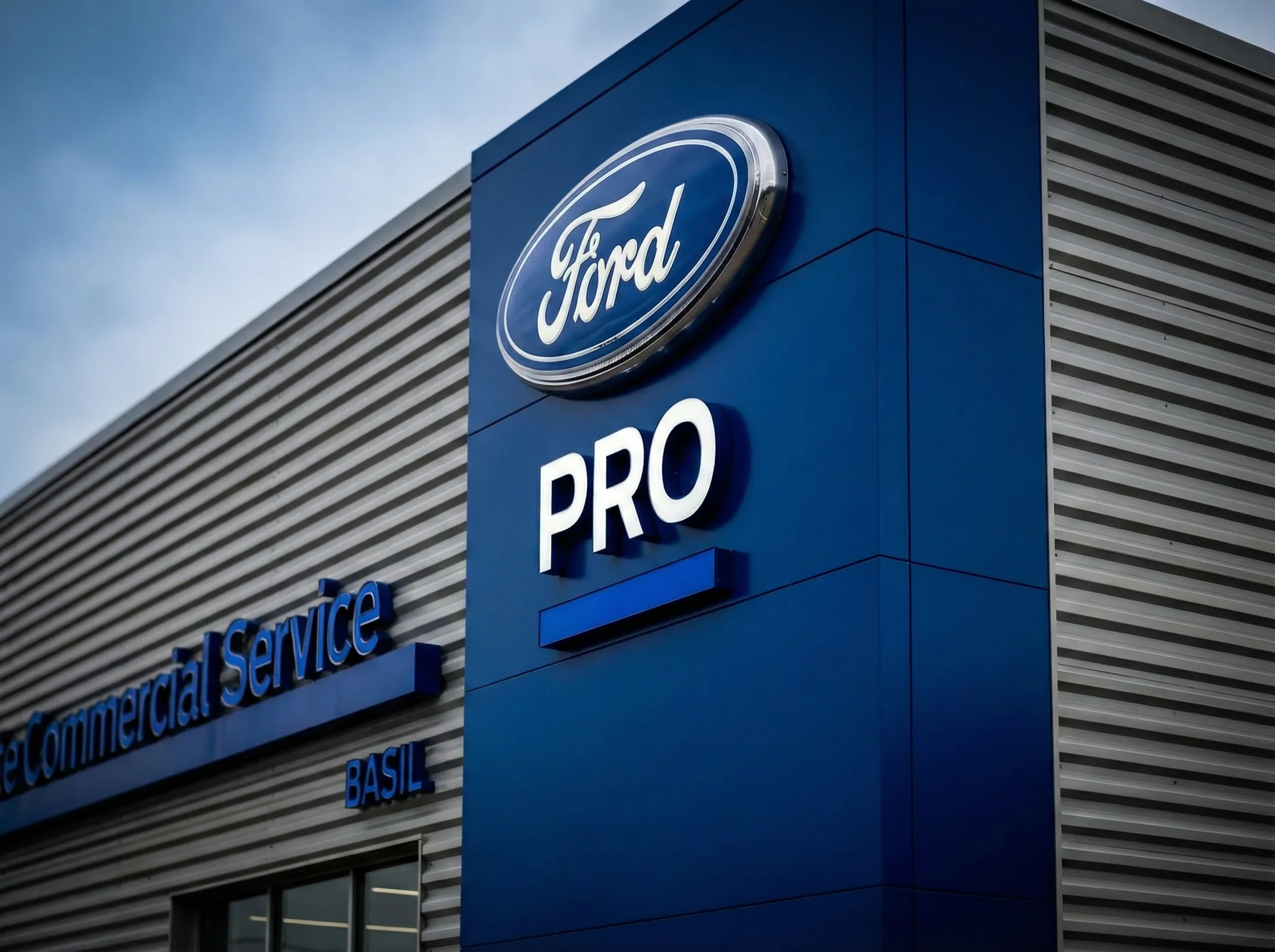The pylon / A clear exterior identity introduces the Ford Pro facility.
