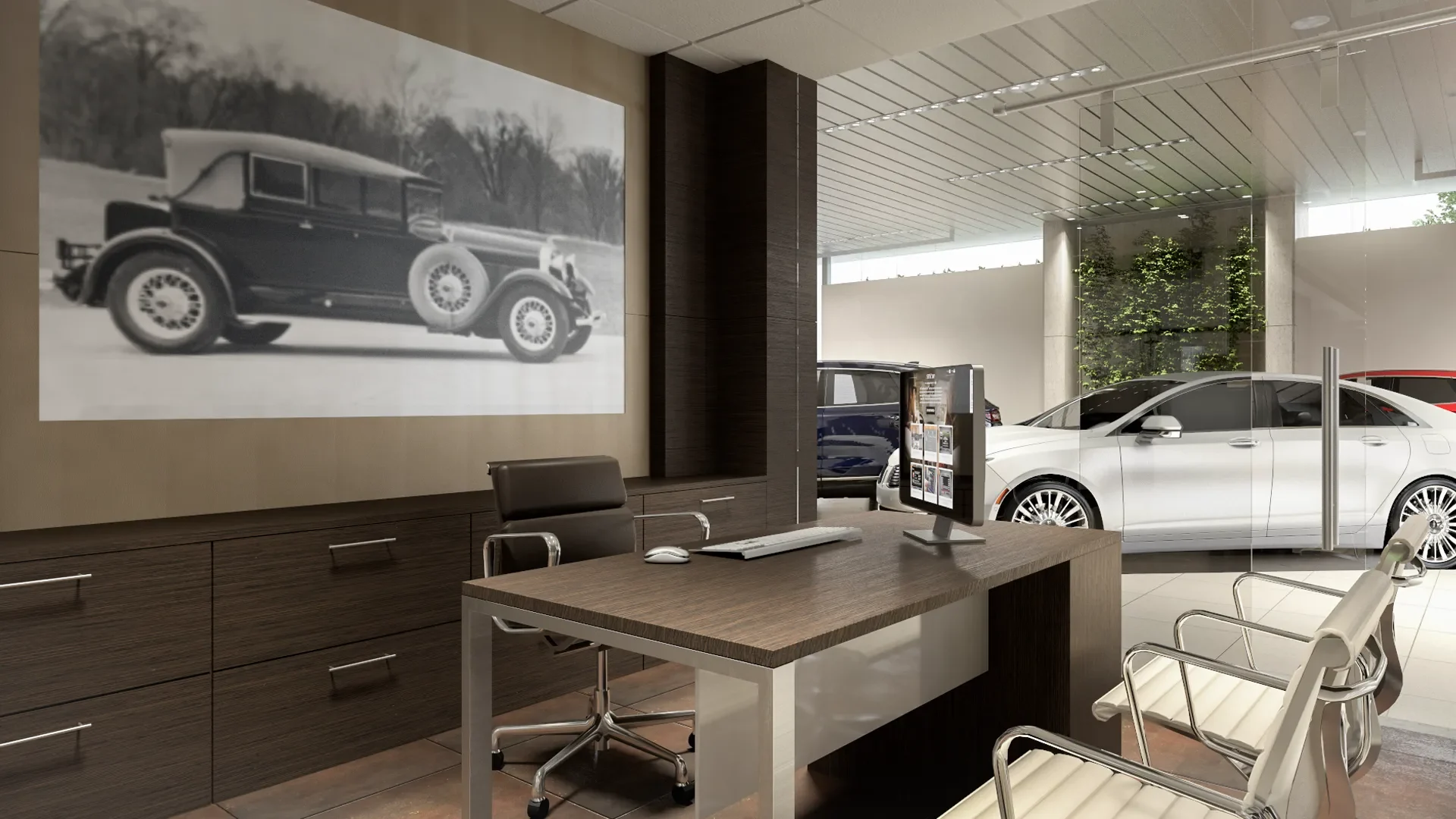 A virtual consultation setting studies timber, glazing and brand graphics at the scale of the space.