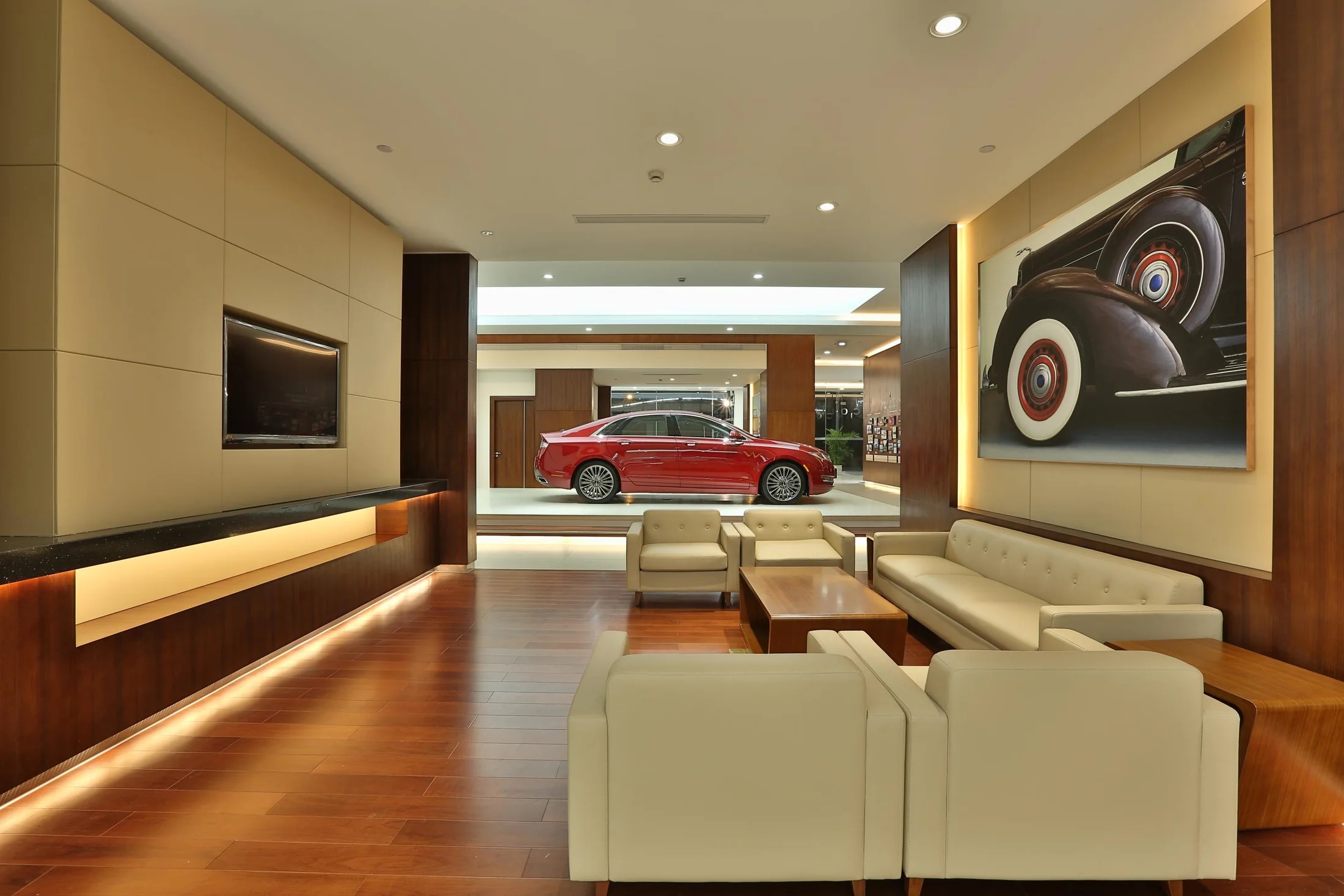 A quieter lounge creates a different pace within the dealership.