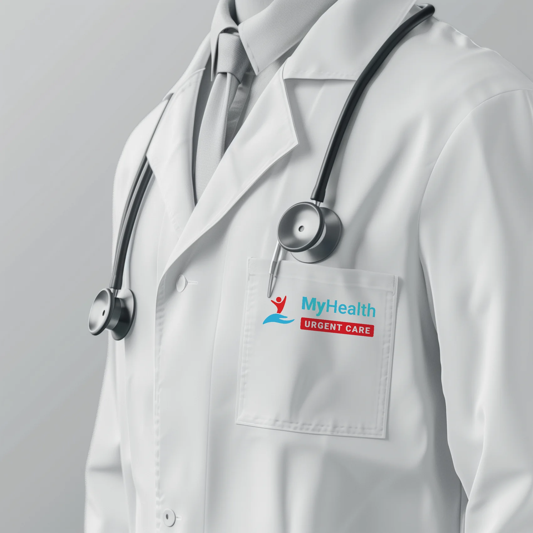 The identity extends into staff clothing and everyday patient-facing touchpoints.