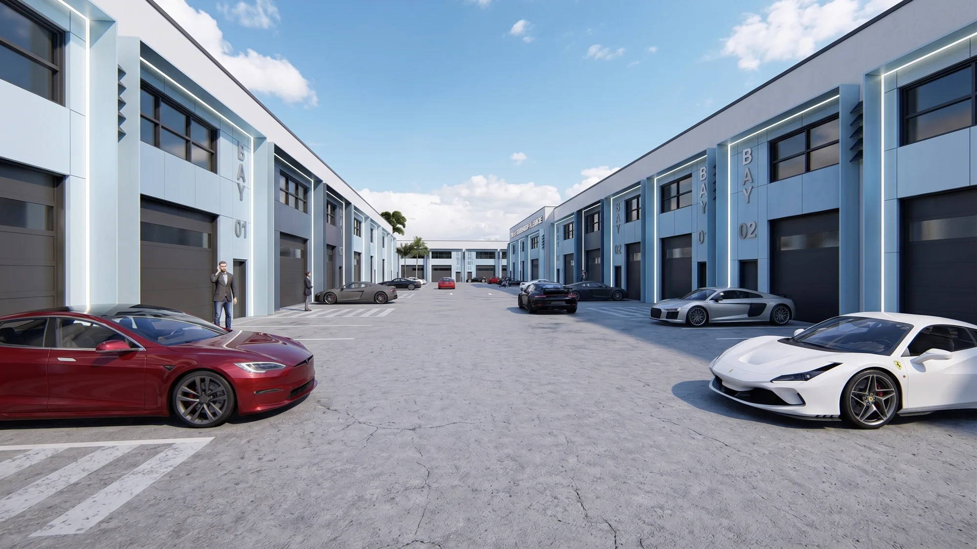 The shared access lane connects the individual garages and their owners.