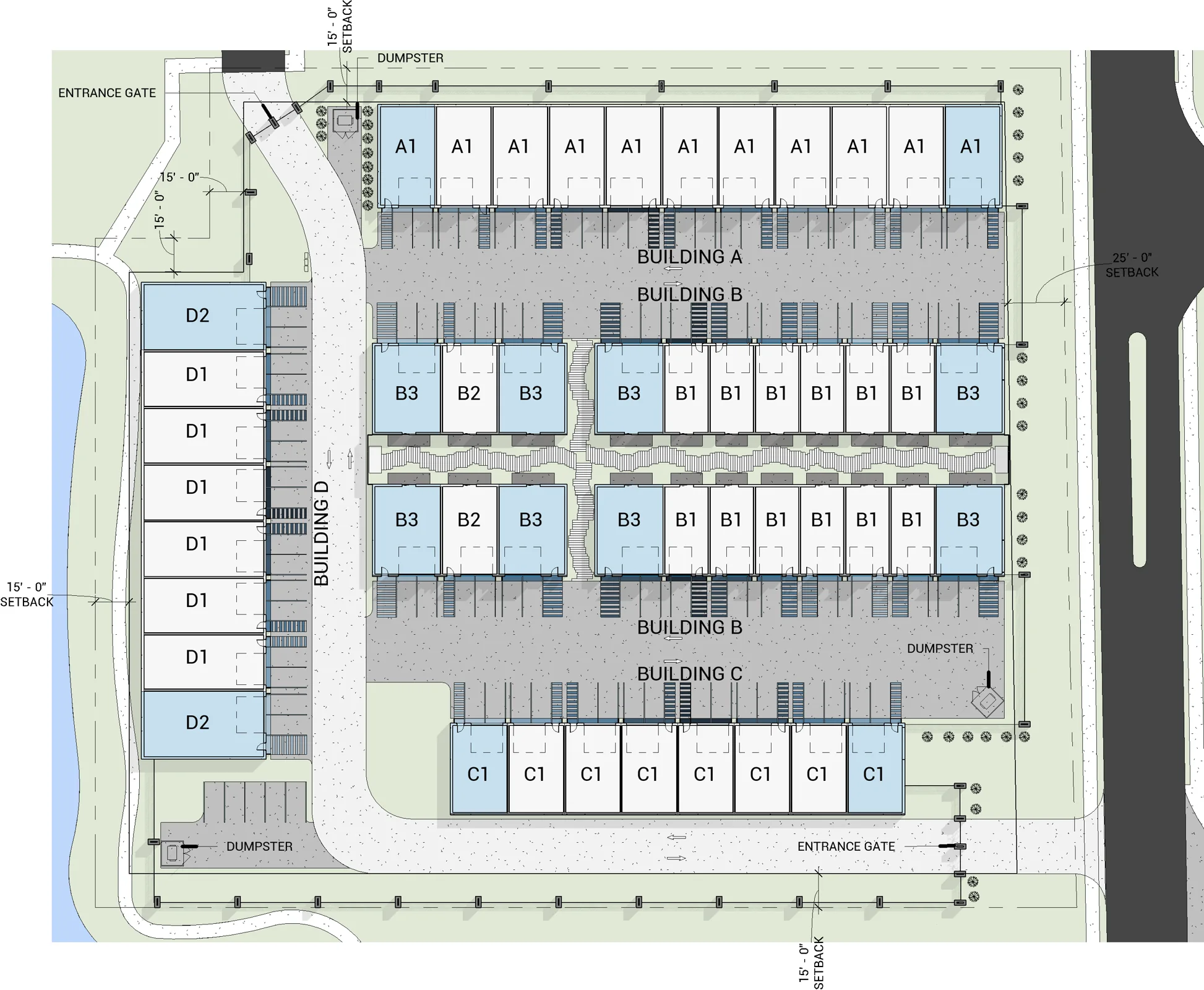 The site plan brings unit arrangements, access and shared space into one view.