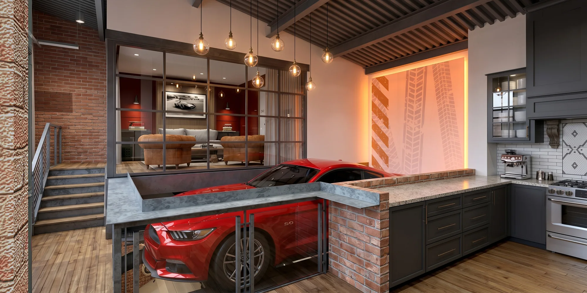 The kitchen overlooks the collection and connects to the social spaces.
