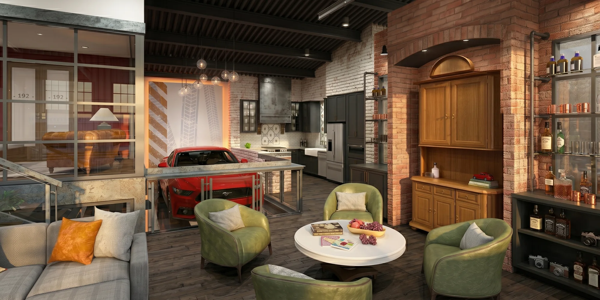 Different seating settings give the interior a generous social scale.