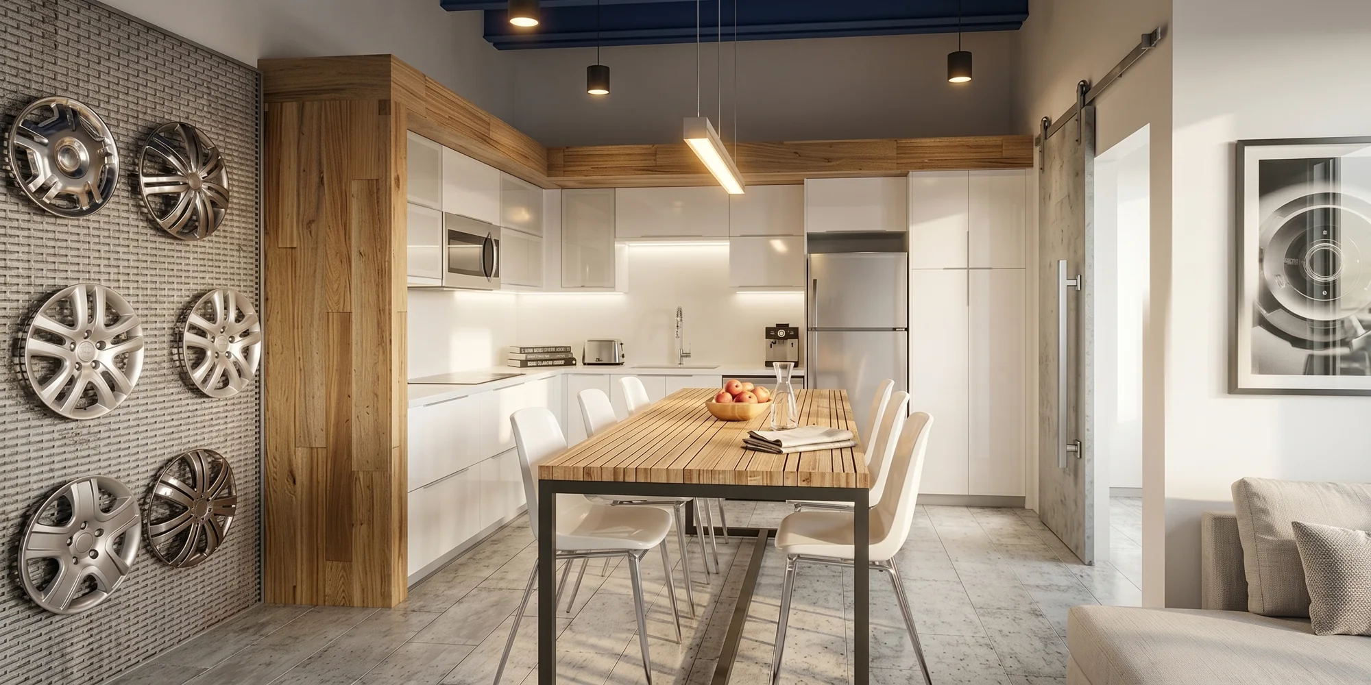 A shared table sits between the kitchen and collection below.