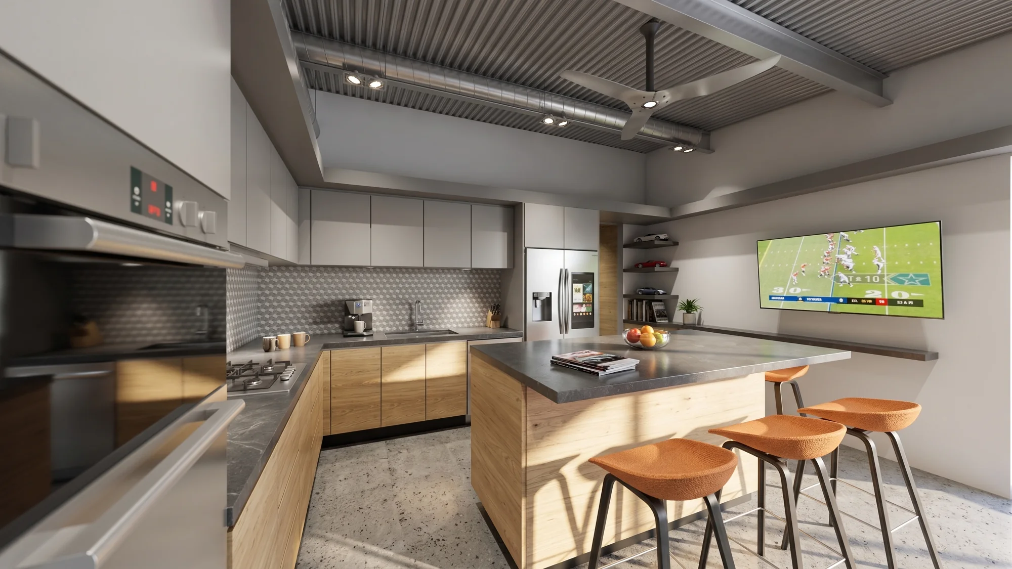 A kitchen and counter create a place to gather upstairs.