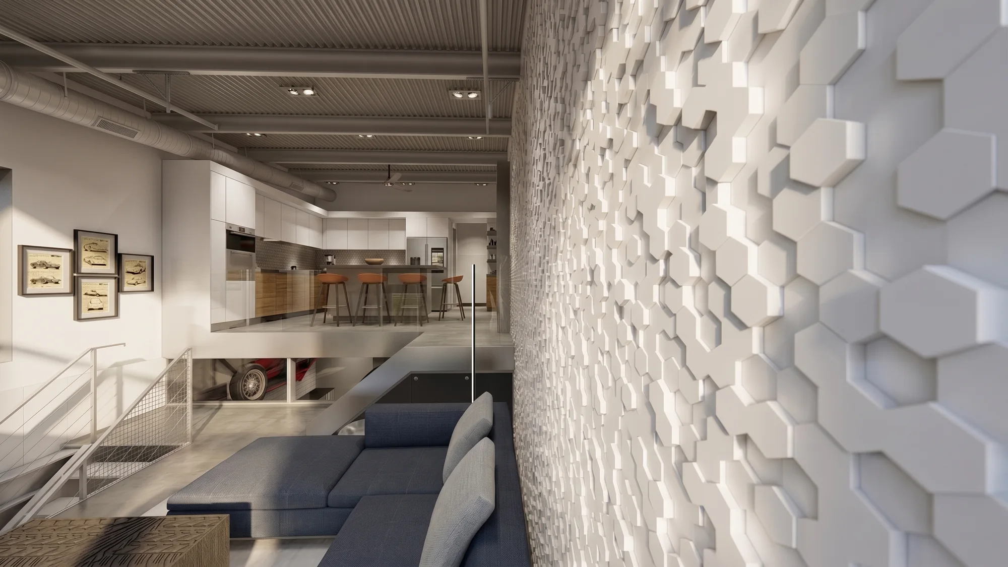 A patterned wall gives the social level a distinct material character.