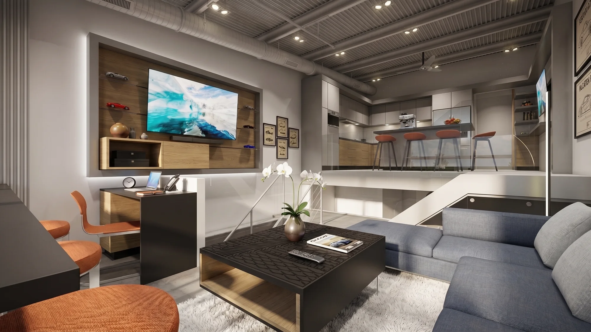 The lounge, kitchen and walkway share one open upper level.