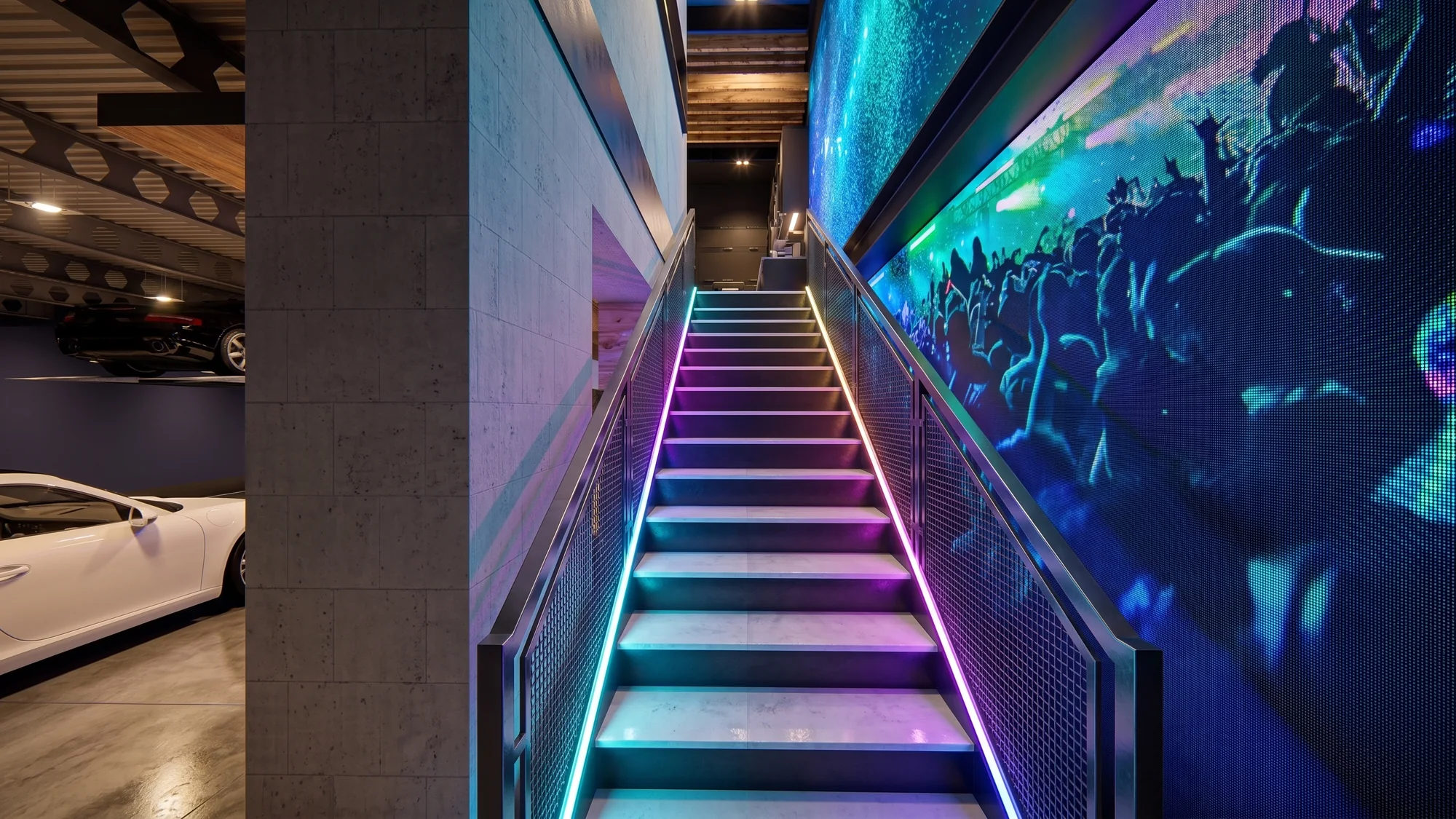An illuminated stair makes the journey between levels part of the experience.