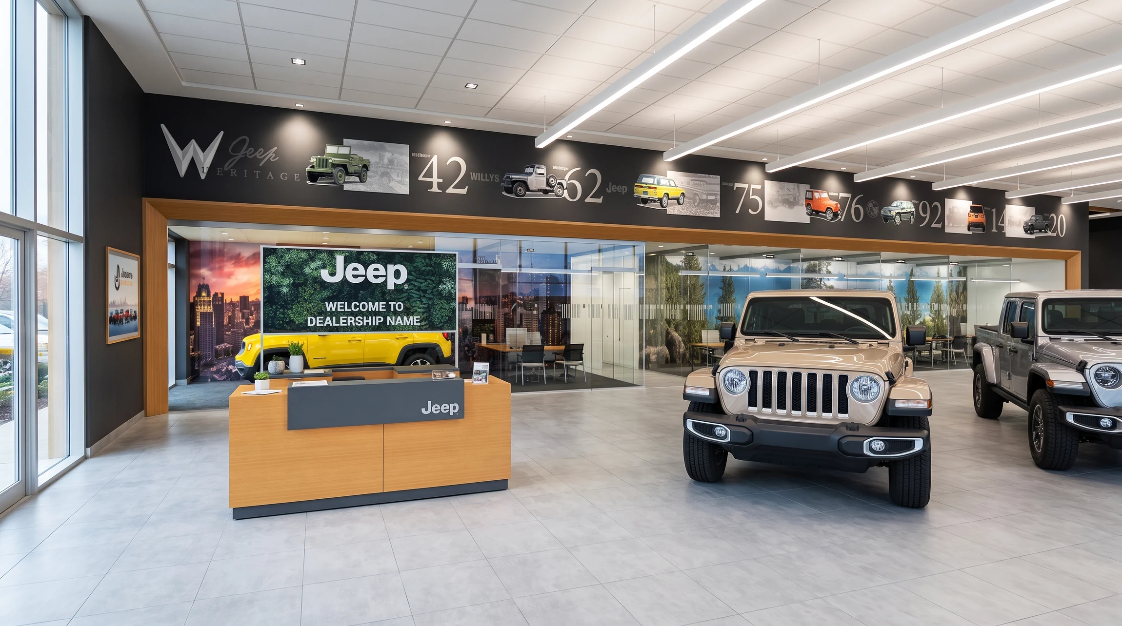 Updated Jeep interior visualization with vehicles, timber framing and integrated brand graphics