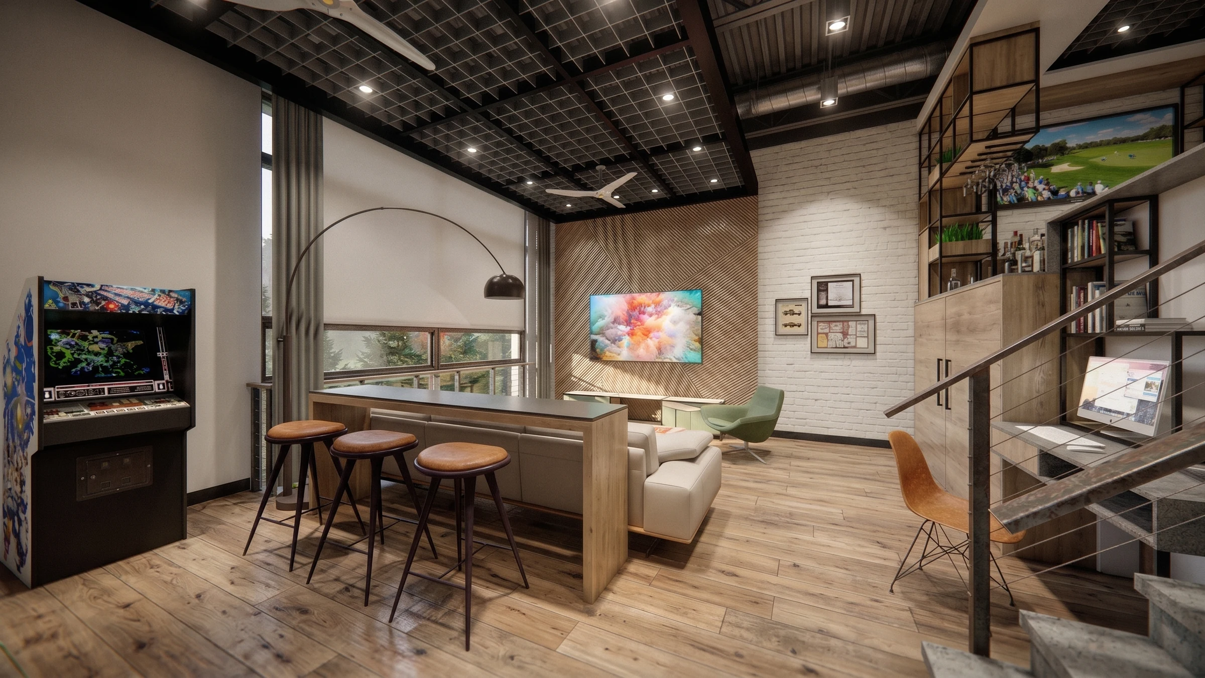 Unit 1214 kitchen, dining and mezzanine lounge at The Motor Enclave