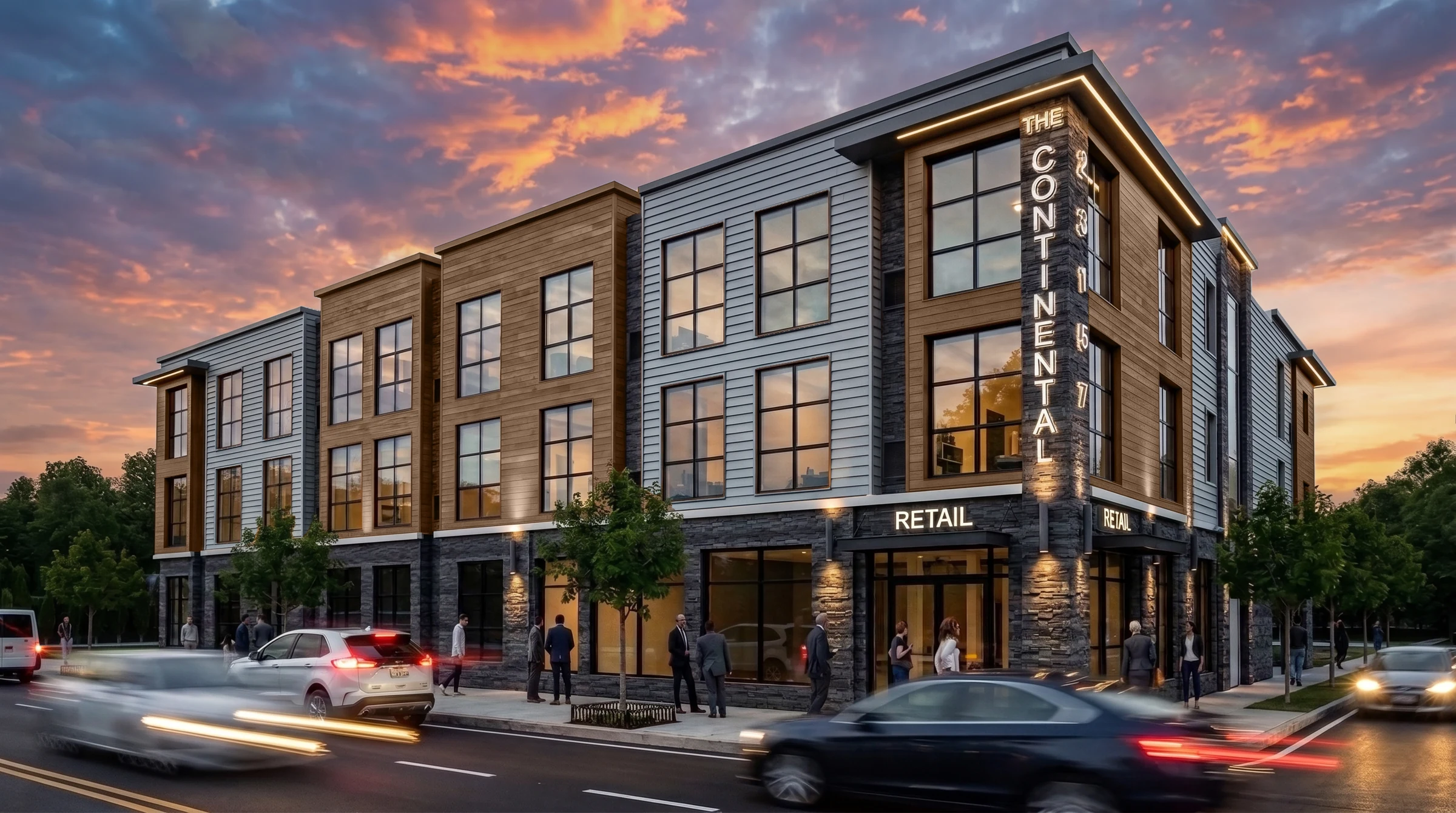 Updated visualization of The Continental with residences above corner retail