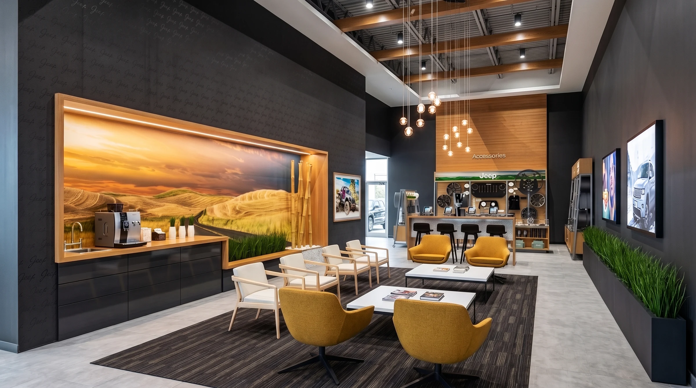 Timber, landscape imagery and warm seating organize the customer lounge.