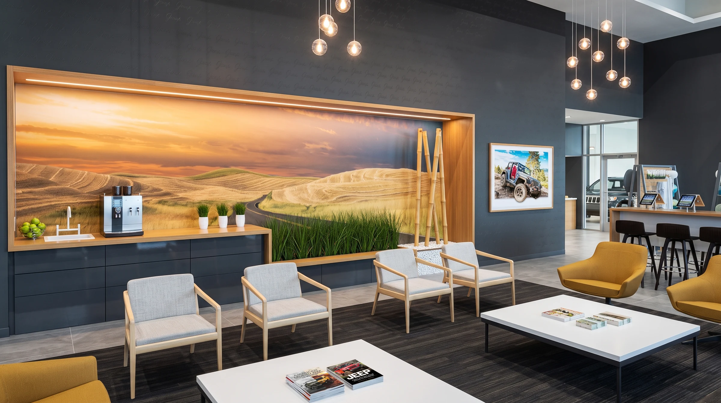 Material choices make a place to sit and explore the brand.